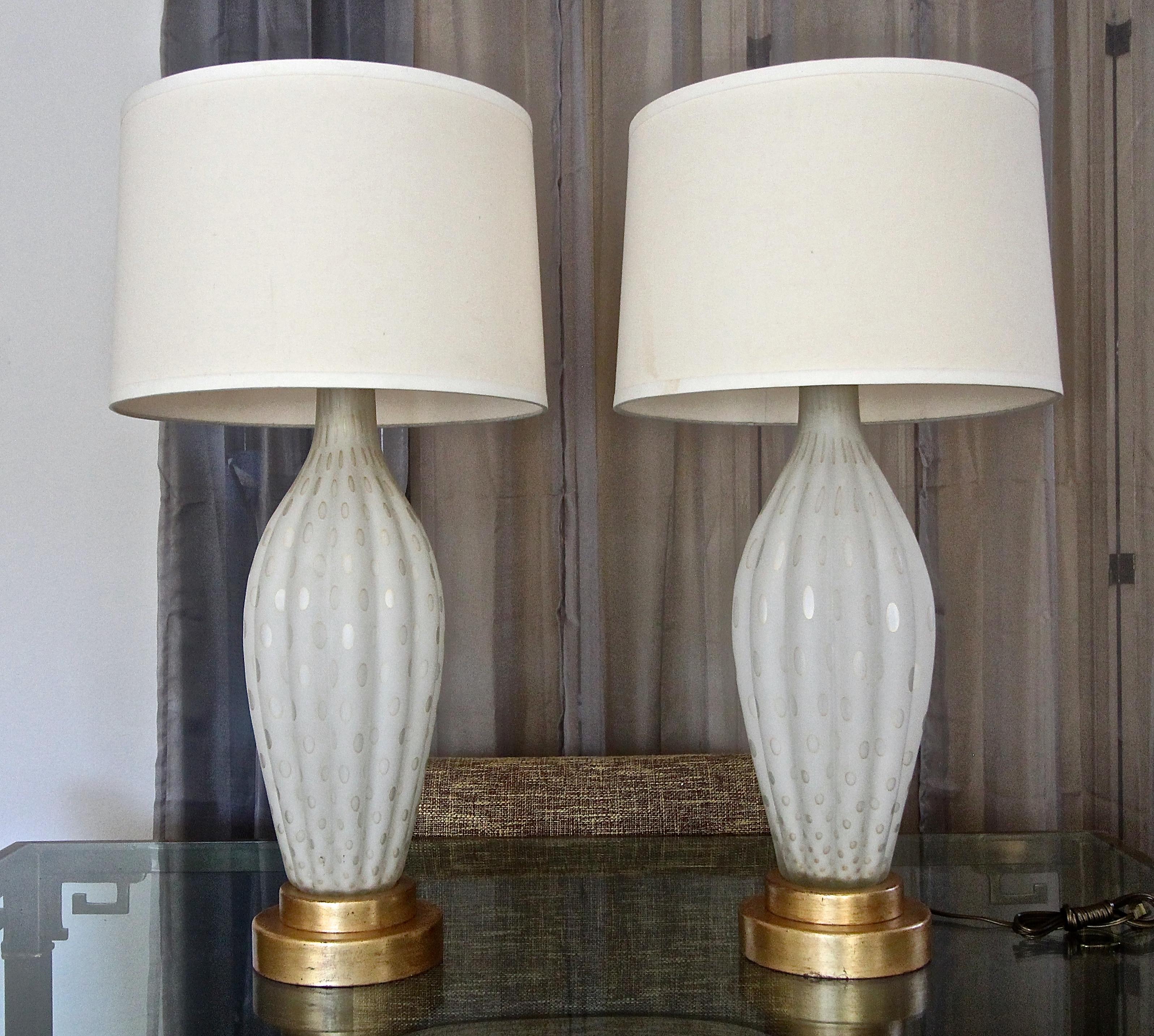 Pair of Tall Murano Satin White & Gold Controlled Bubble Table Lamps 5