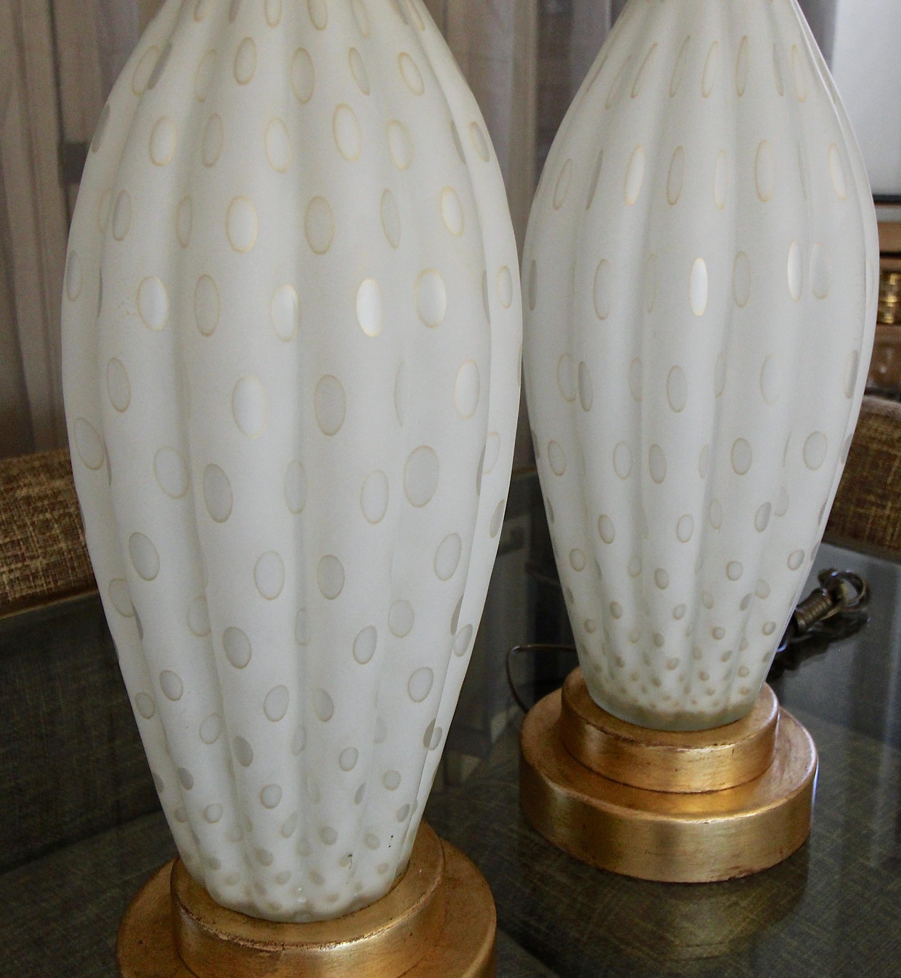 Pair of Tall Murano Satin White & Gold Controlled Bubble Table Lamps 6