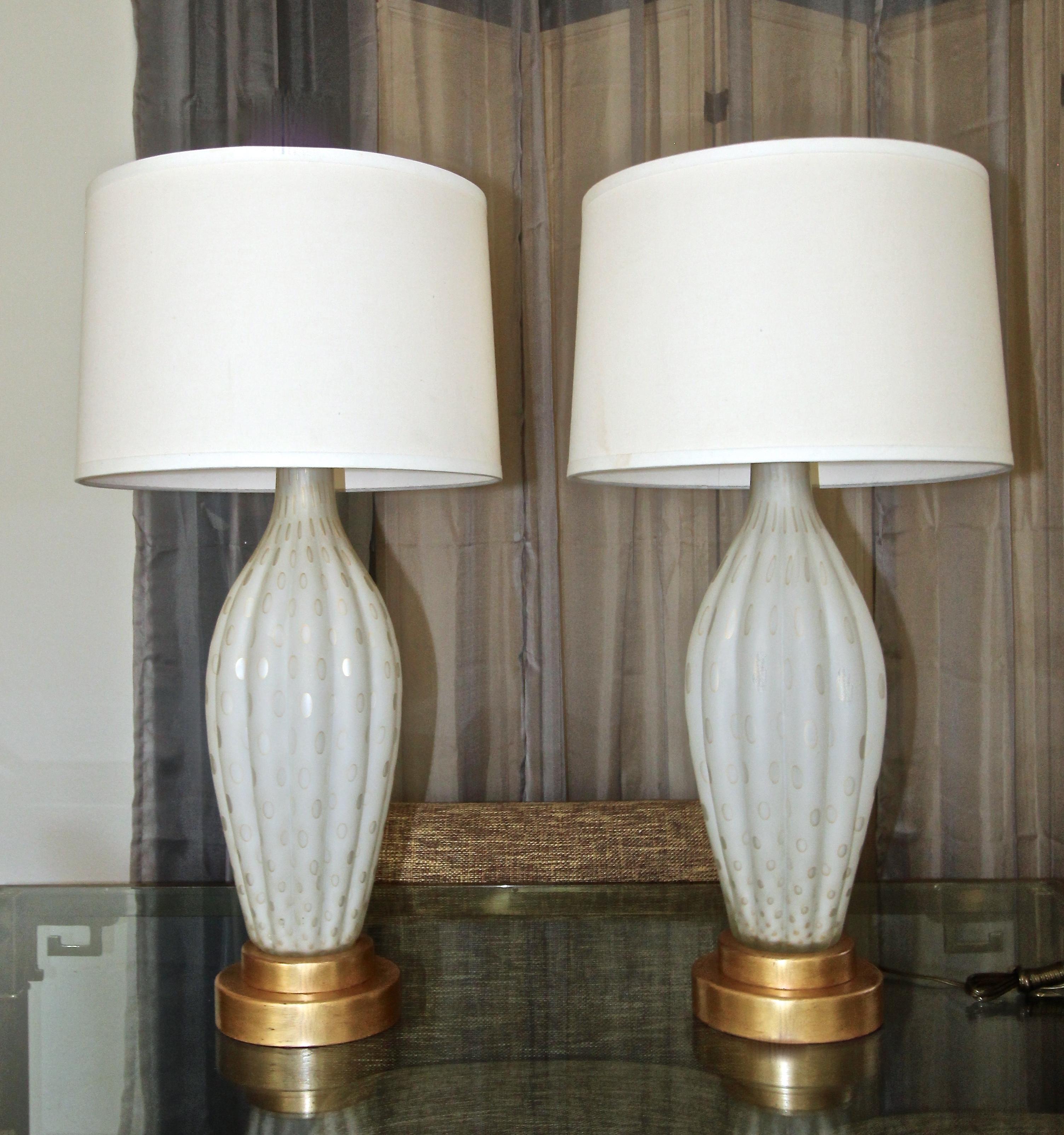 Pair of Tall Murano Satin White & Gold Controlled Bubble Table Lamps 8