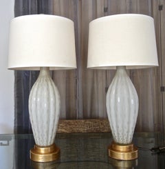 Pair of Tall Murano Satin White & Gold Controlled Bubble Table Lamps