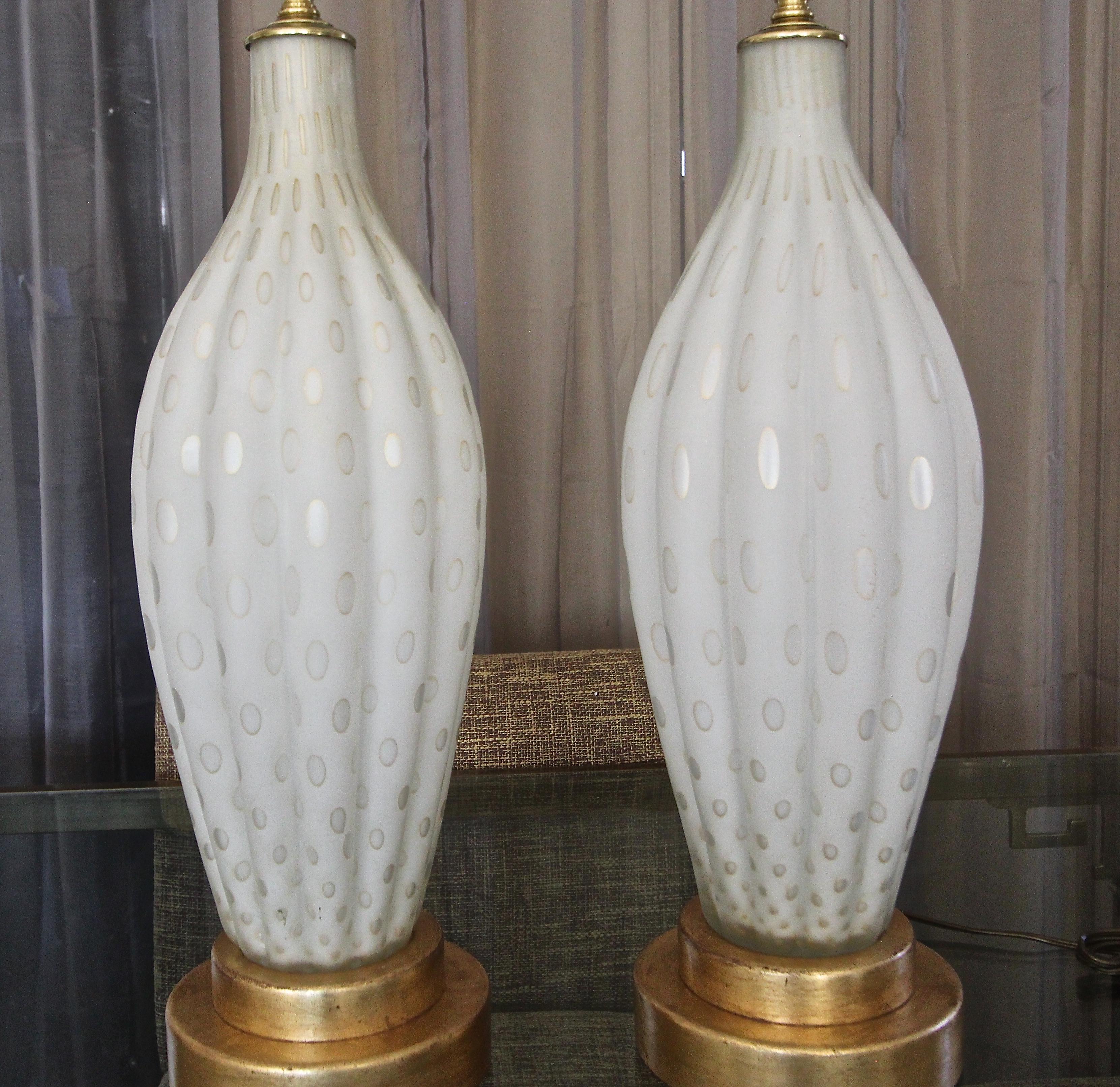 Italian Pair of Tall Murano Satin White & Gold Controlled Bubble Table Lamps
