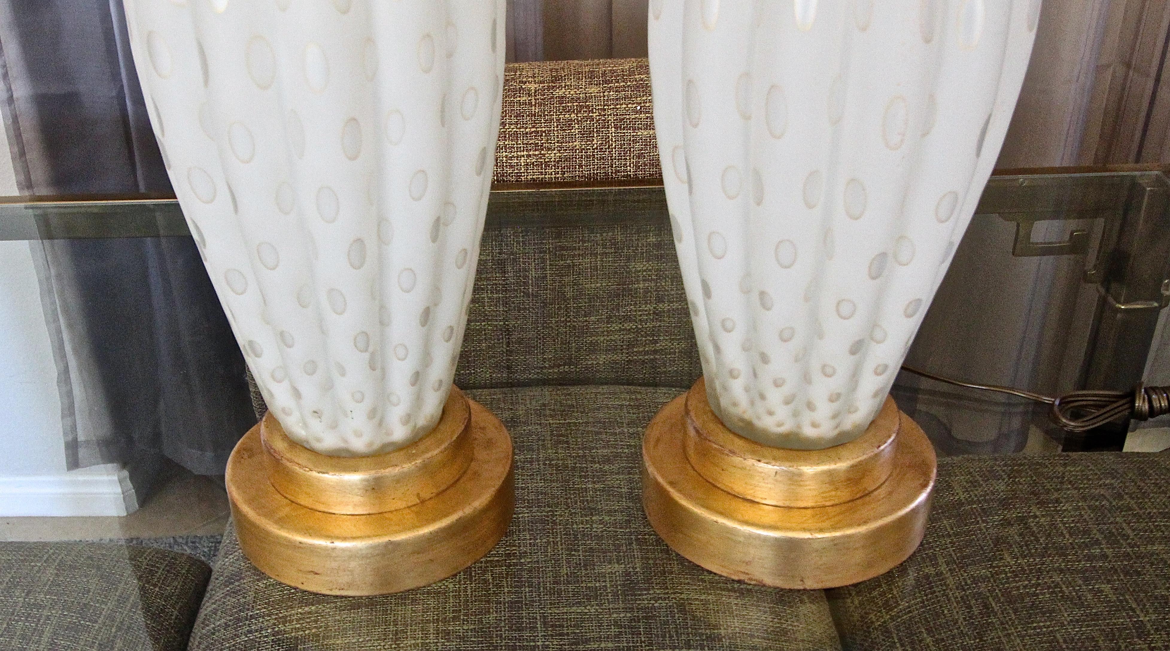 Mid-20th Century Pair of Tall Murano Satin White & Gold Controlled Bubble Table Lamps