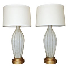 Pair of Tall Murano Satin White & Gold Controlled Bubble Table Lamps