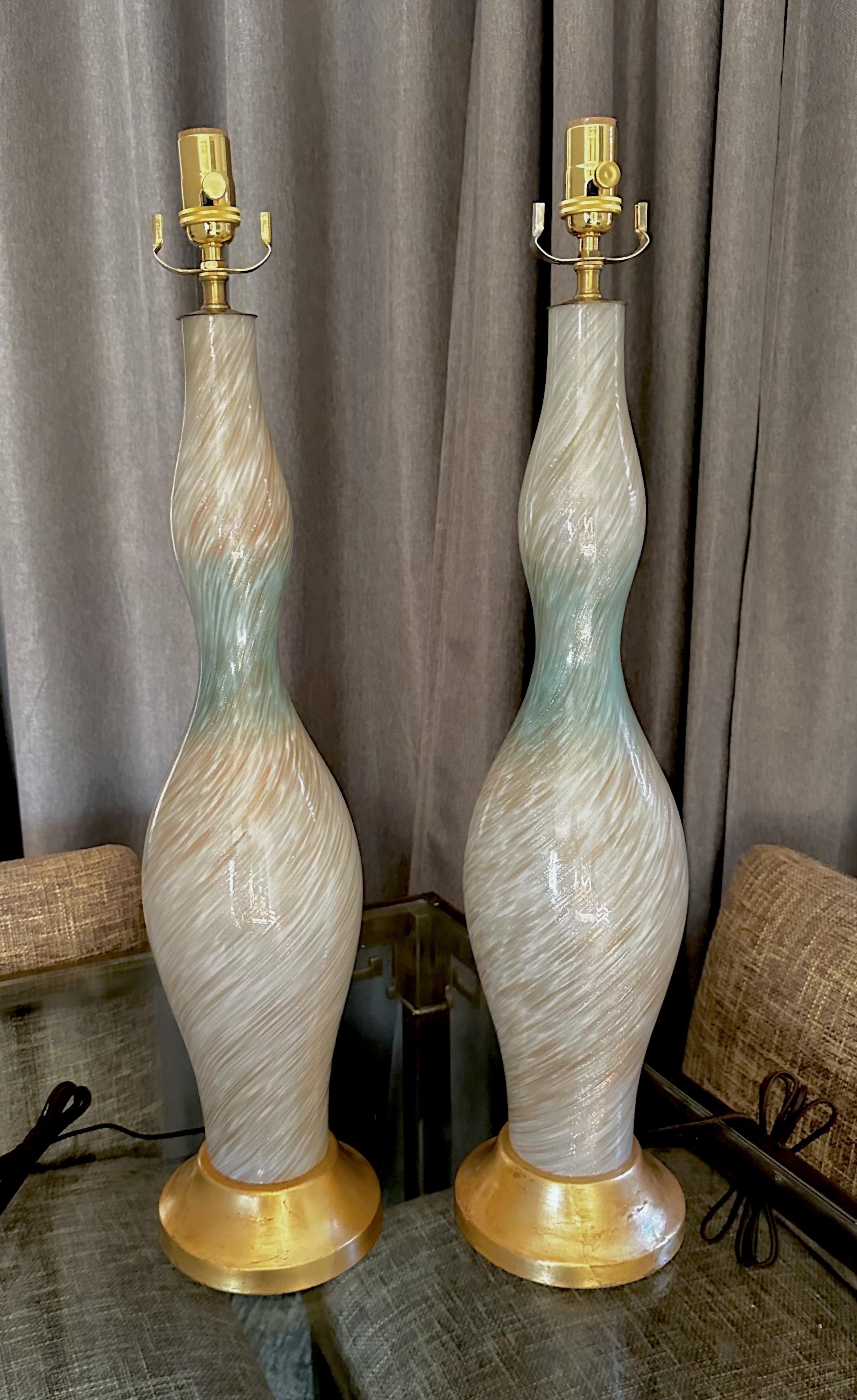 Pair Tall Murano White Blue & Adventurine Table Lamps For Sale 10