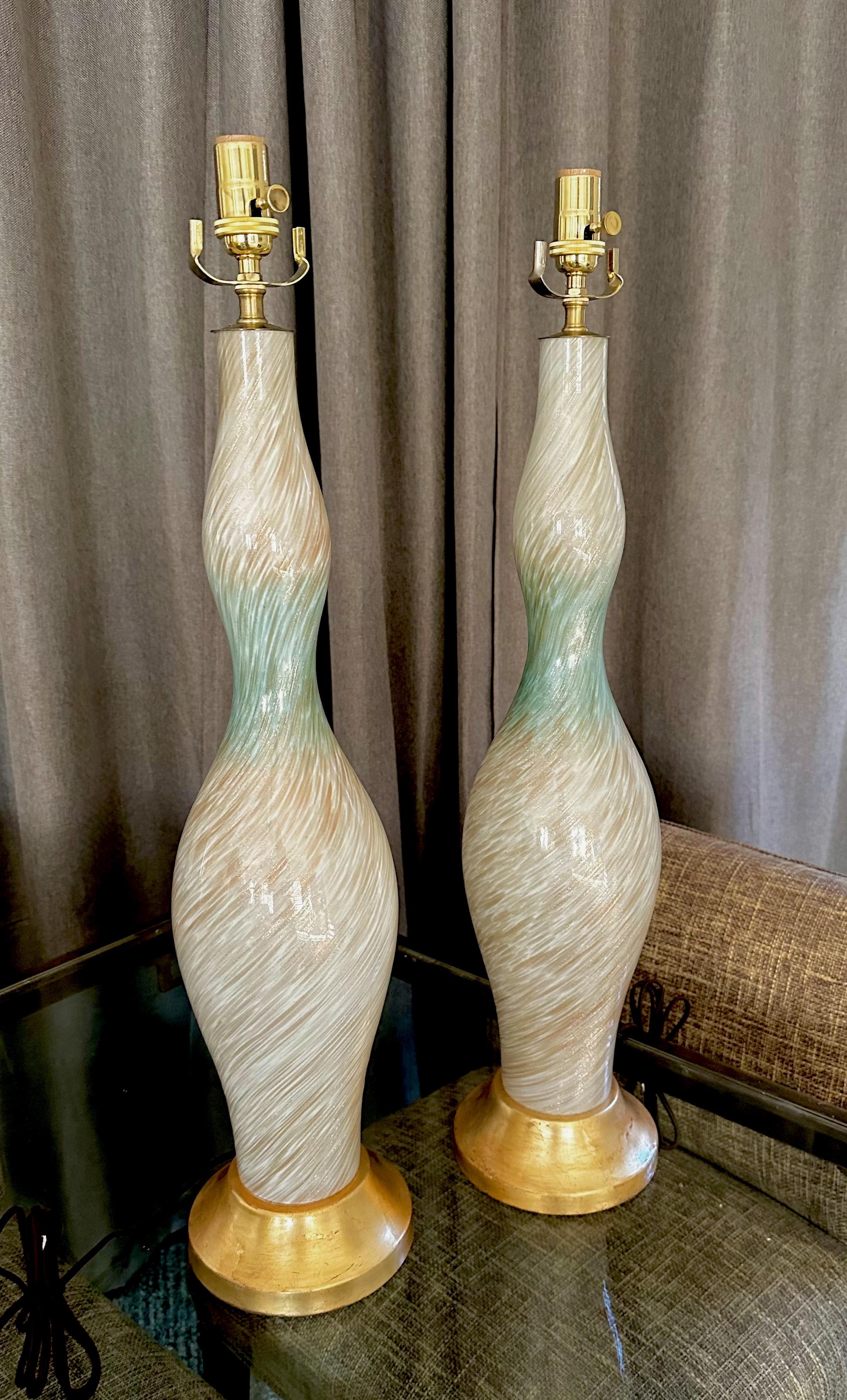 Pair Tall Murano White Blue & Adventurine Table Lamps In Good Condition For Sale In Palm Springs, CA