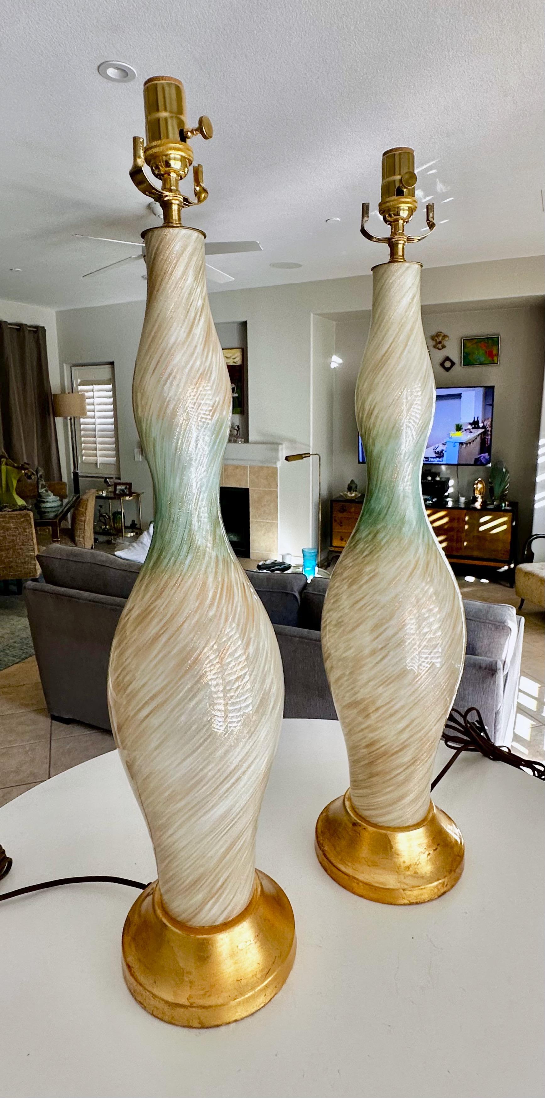 Mid-20th Century Pair Tall Murano White Blue & Adventurine Table Lamps For Sale