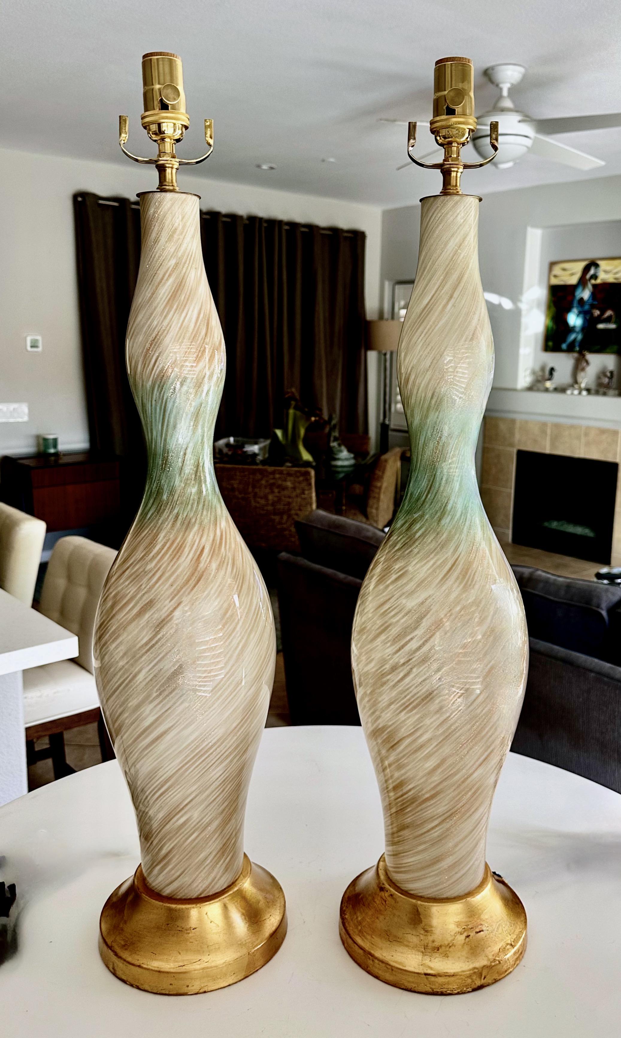 Brass Pair Tall Murano White Blue & Adventurine Table Lamps For Sale