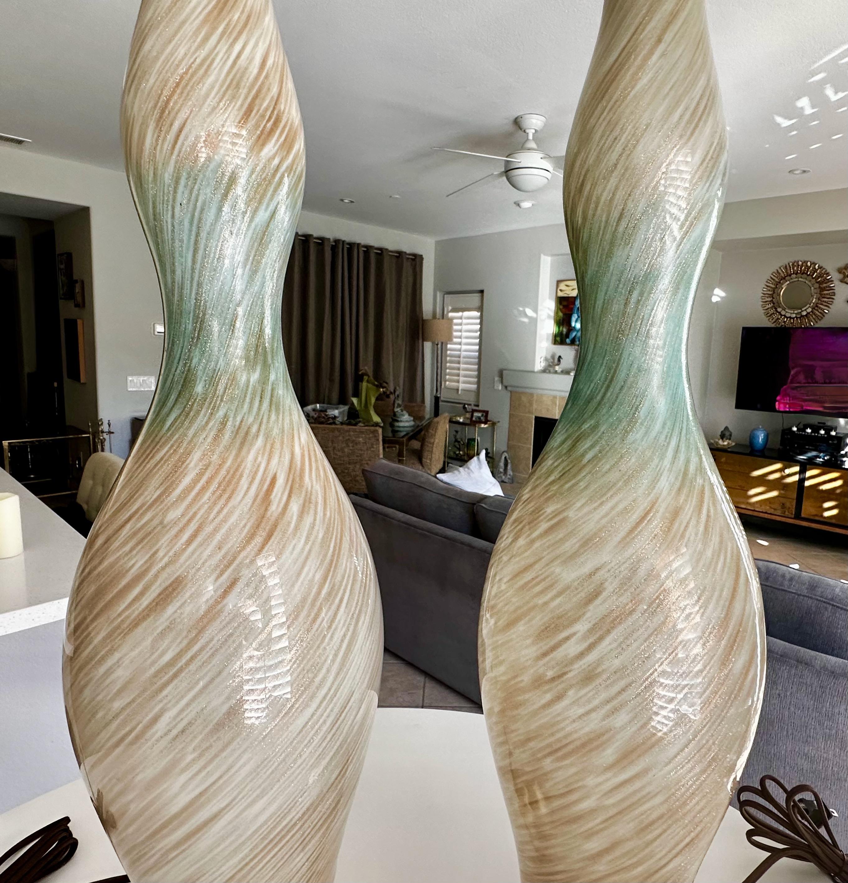 Pair Tall Murano White Blue & Adventurine Table Lamps For Sale 2