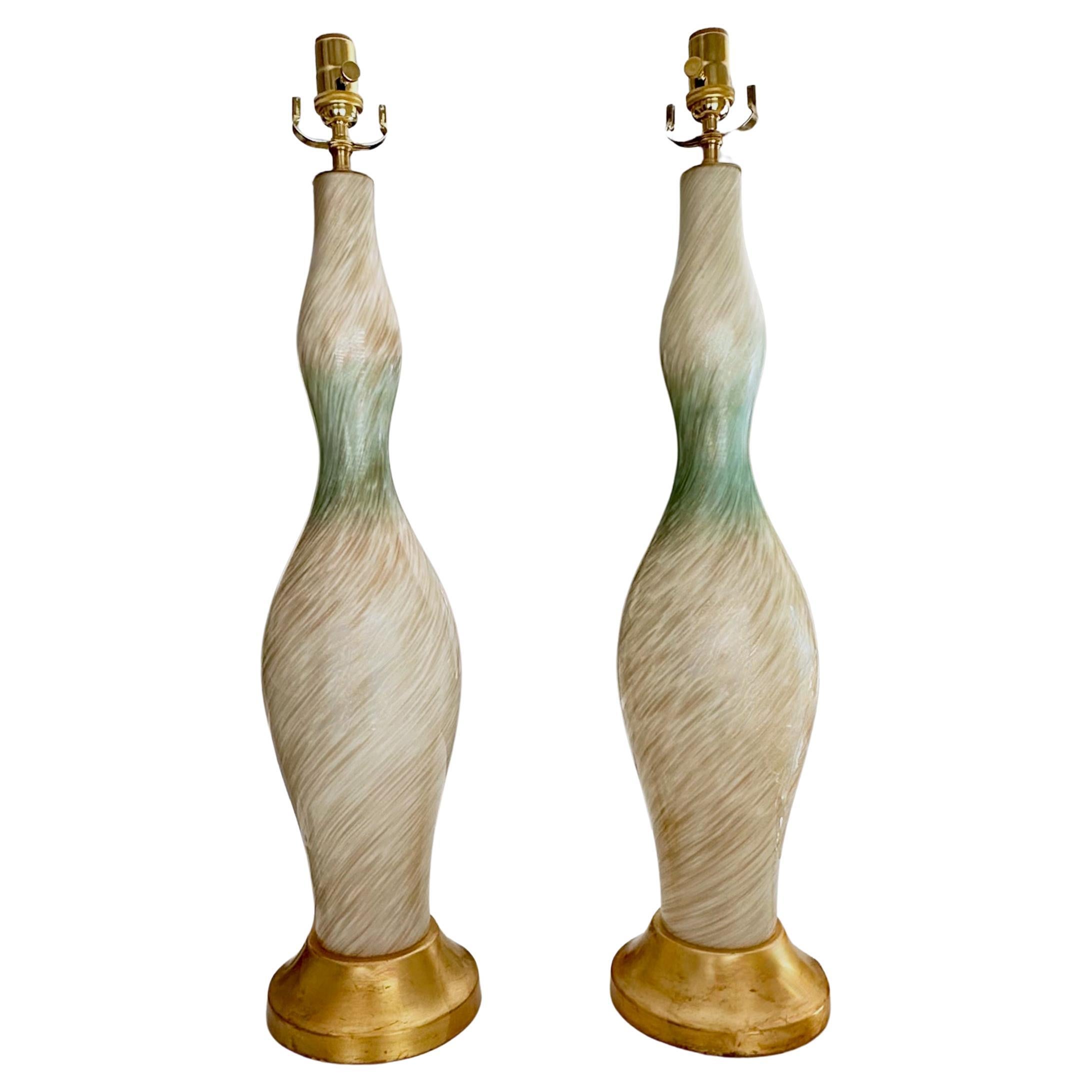 Pair Tall Murano White Blue & Adventurine Table Lamps For Sale