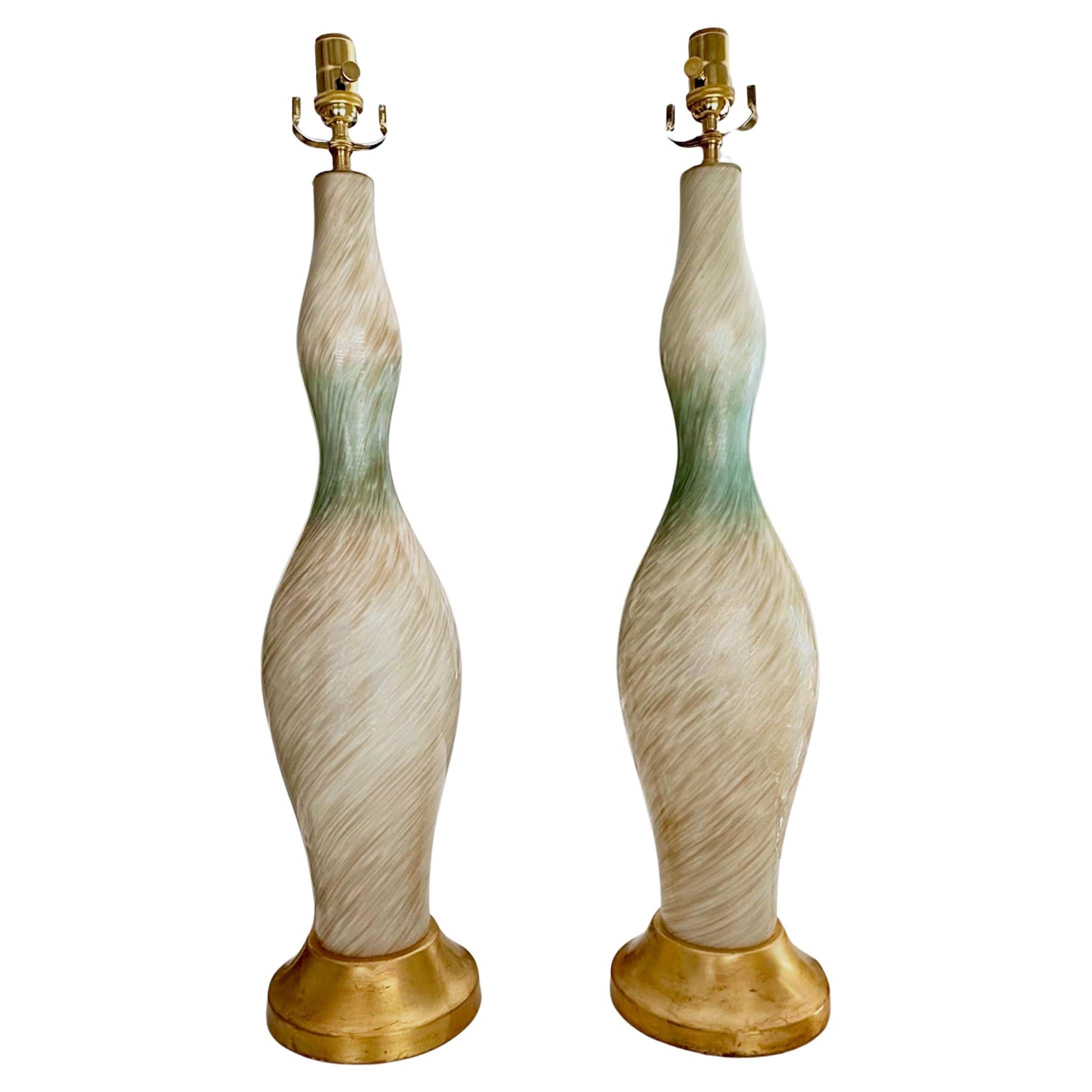 Pair Tall Murano White Blue & Adventurine Table Lamps