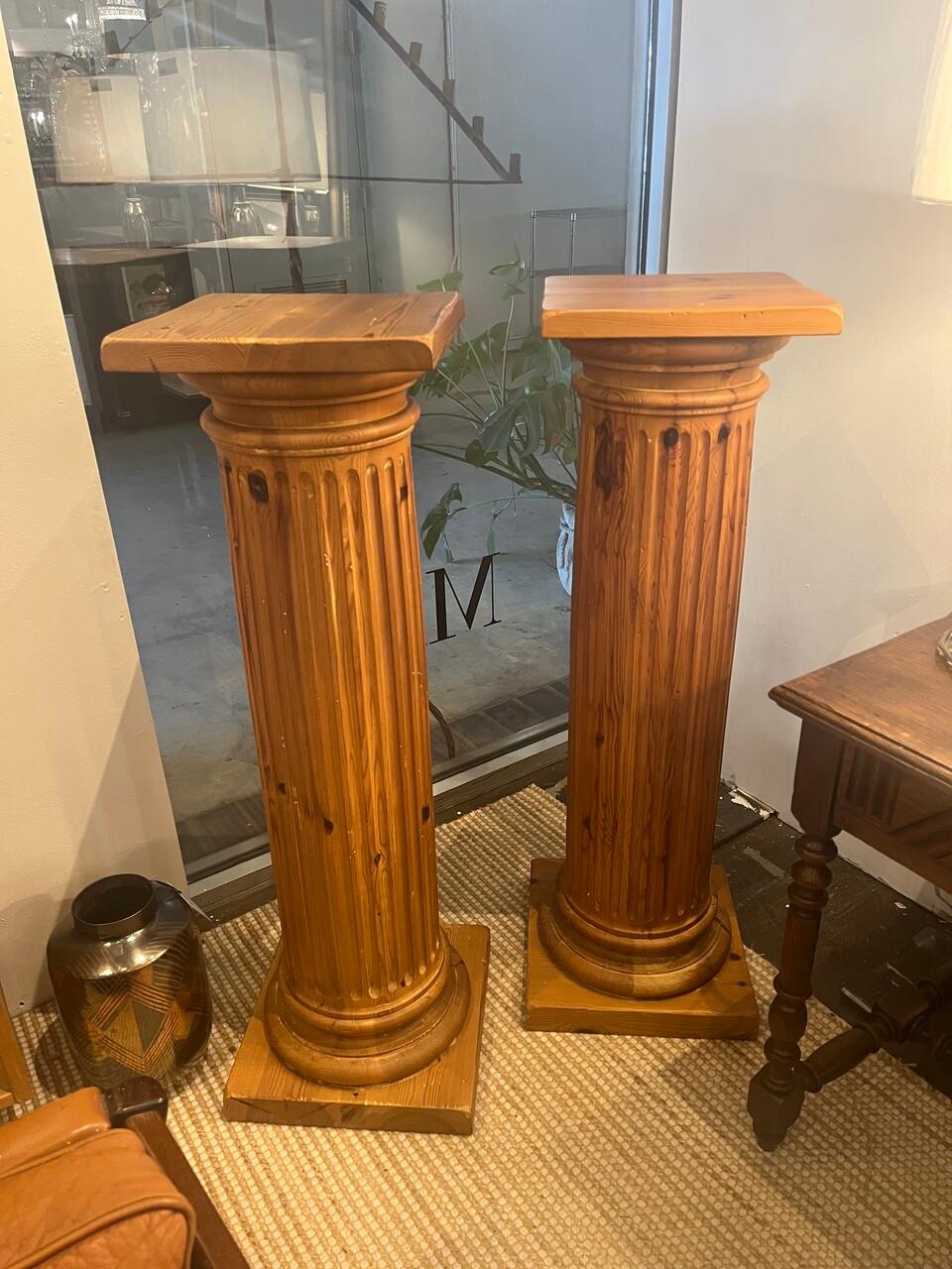Pair Tall Neoclassical French Pine Columns, Greek style from the early 20th century. 
Top surface is 12.75 x 12.75