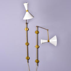 Pair Tall New Stilnovo Style Adjustable 2 Light Brass Sconces Off-White Shades