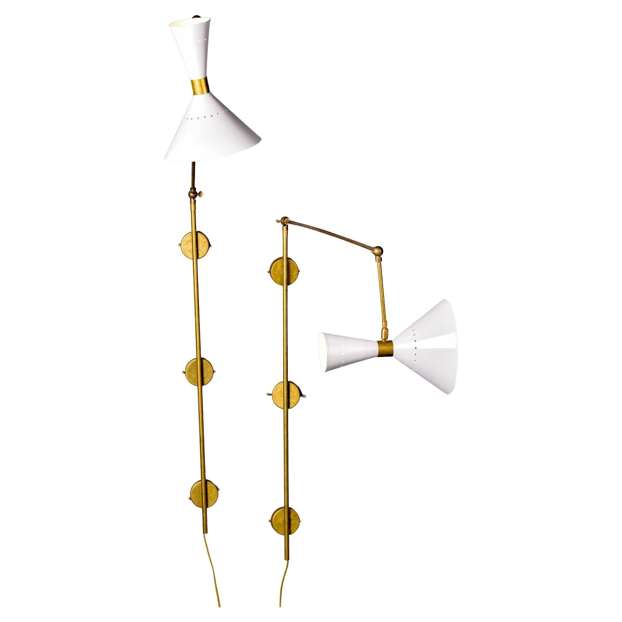 Pair Tall New Stilnovo Style Adjustable 2 Light Brass Sconces with