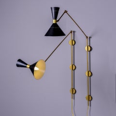 Pair Tall New Stilnovo Style Adjustable 2 Light Brass Sconces with Black Shades