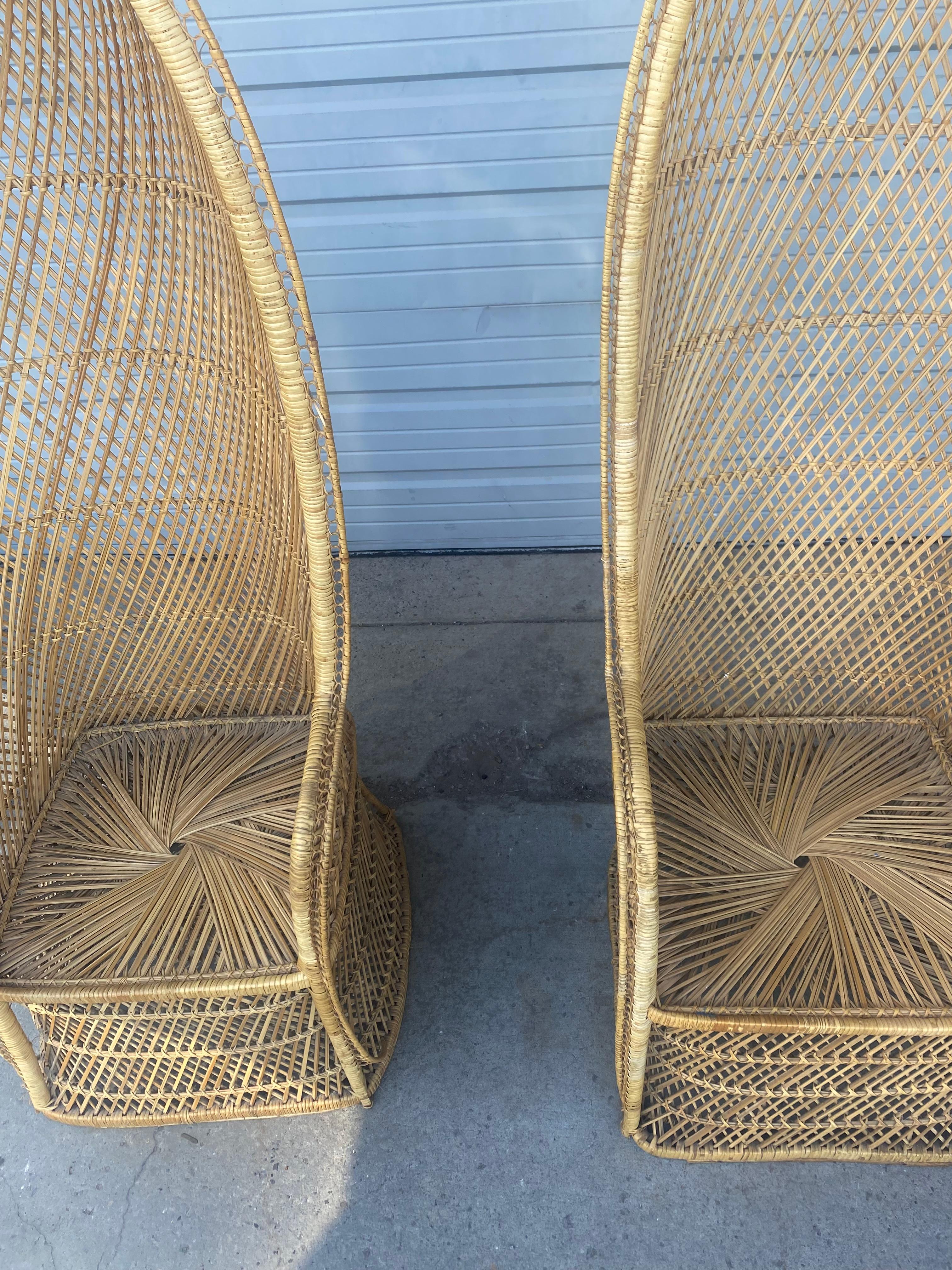 Mid-Century Modern Pair Tall Rattan Wicker Porters Style Peacock Chairs, , , hooded   For Sale