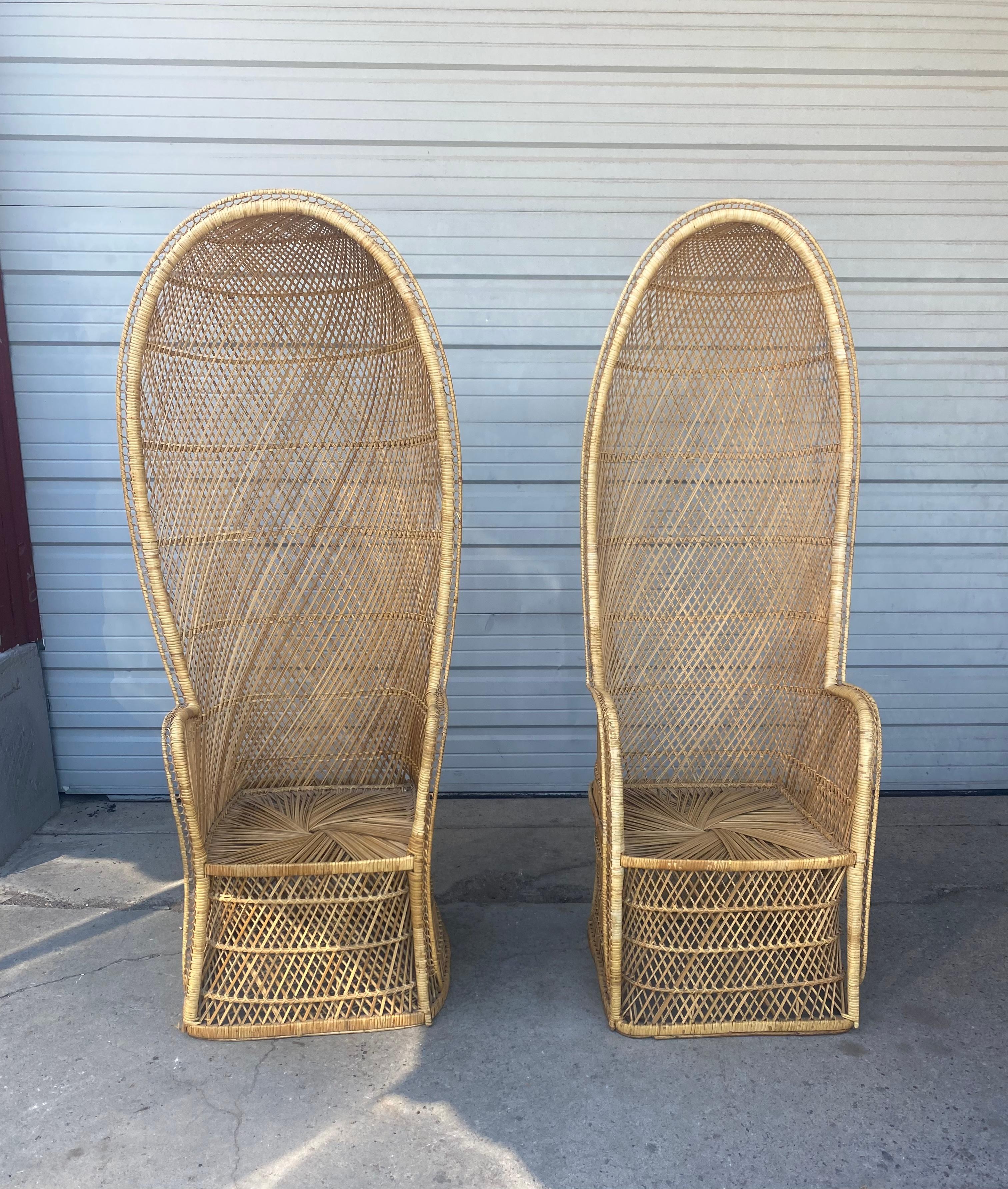 American Pair Tall Rattan Wicker Porters Style Peacock Chairs, , , hooded   For Sale