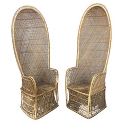 Pair Tall Rattan Wicker Porters Style Peacock Chairs,,, hooded  