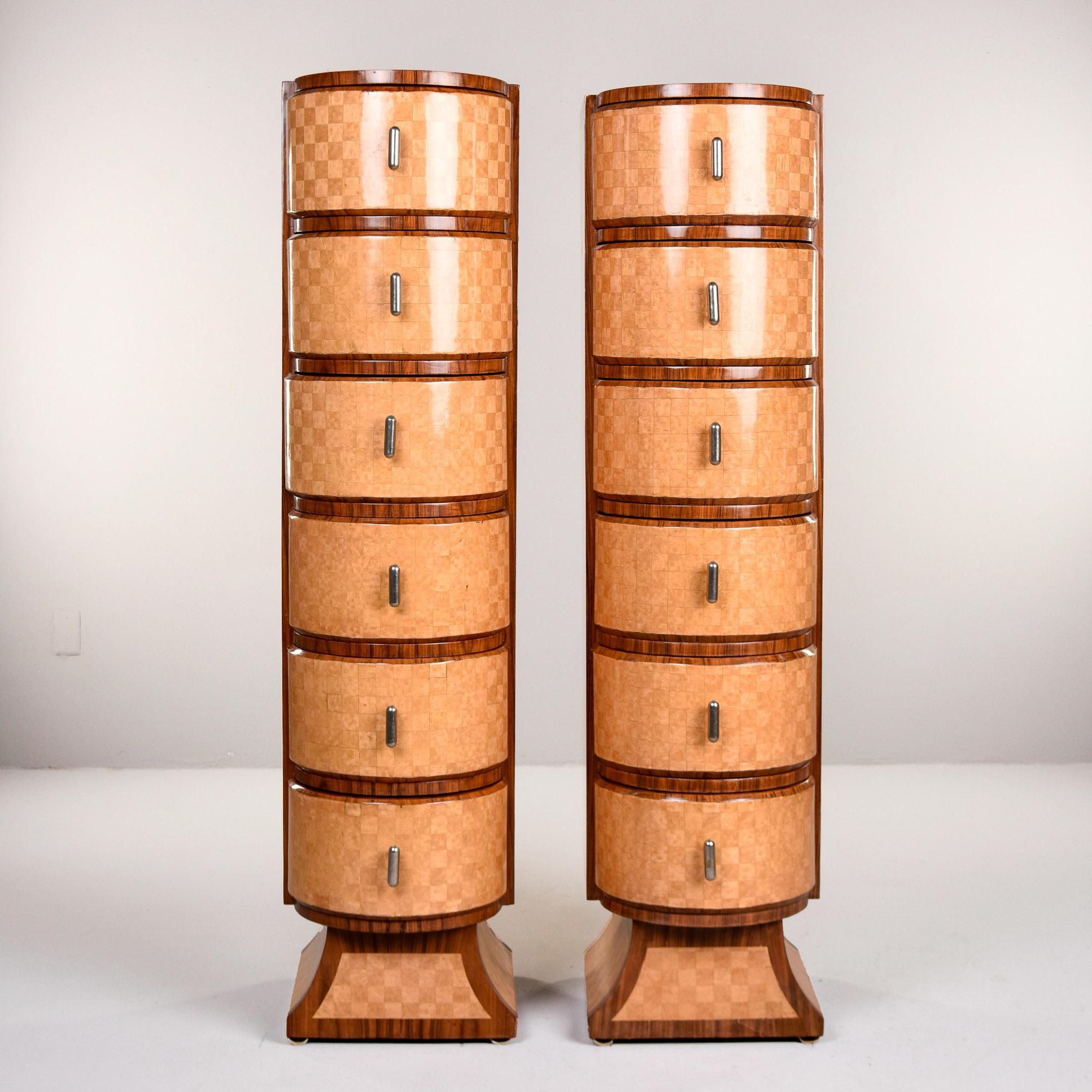 Art Deco Pair Tall Satinwood & Mahogany Slender Deco Cabinets with Drawers For Sale