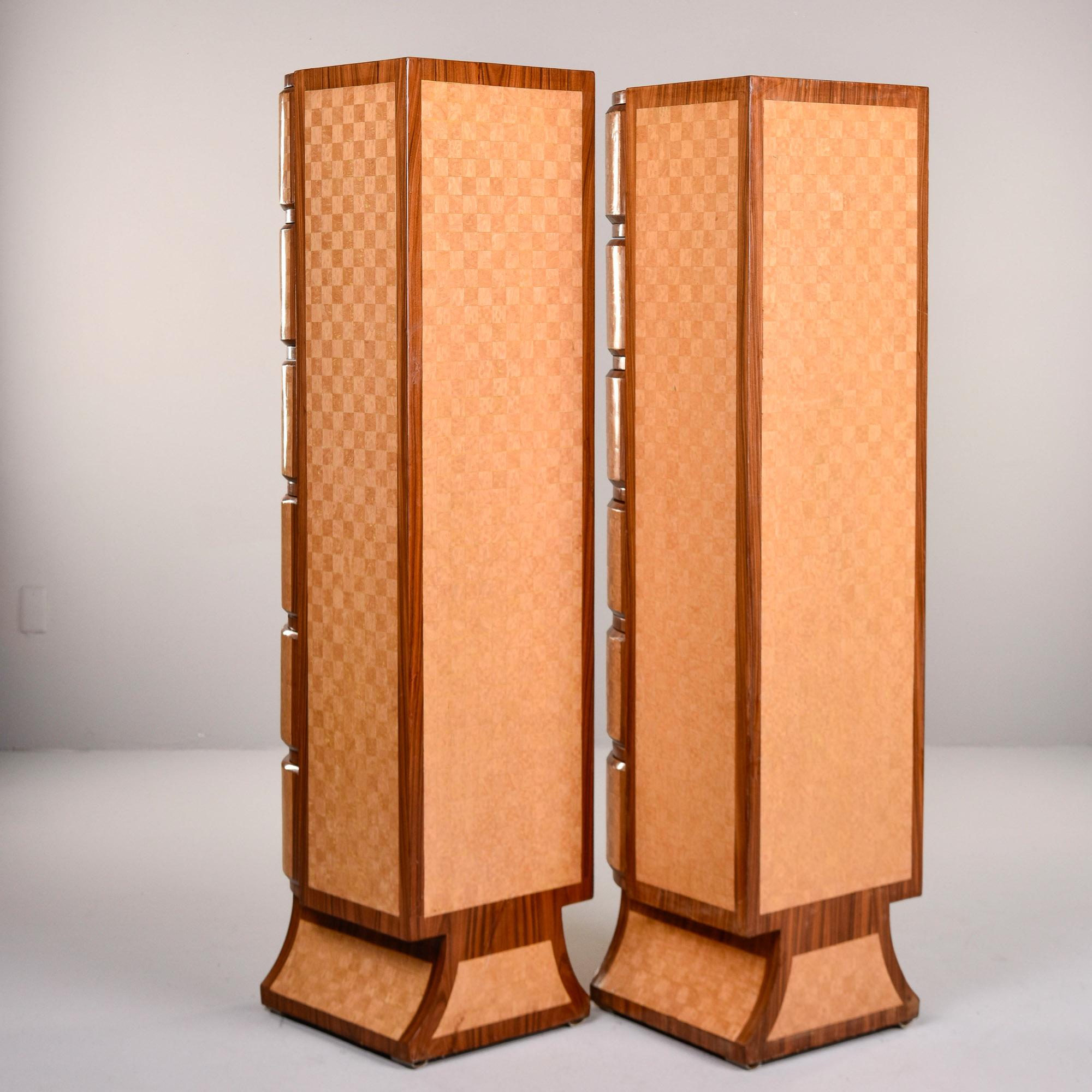 Italian Pair Tall Satinwood & Mahogany Slender Deco Cabinets with Drawers For Sale