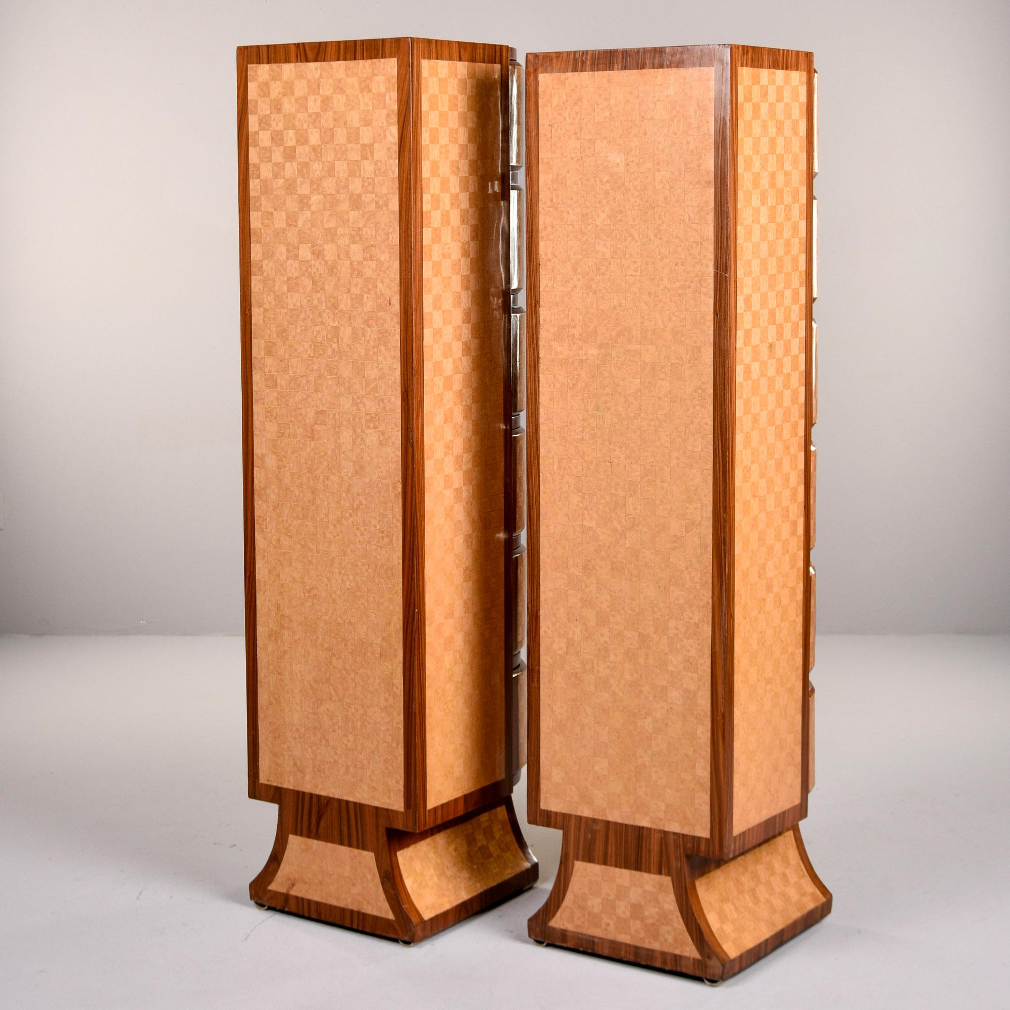 Pair Tall Satinwood & Mahogany Slender Deco Cabinets with Drawers In Good Condition For Sale In Troy, MI