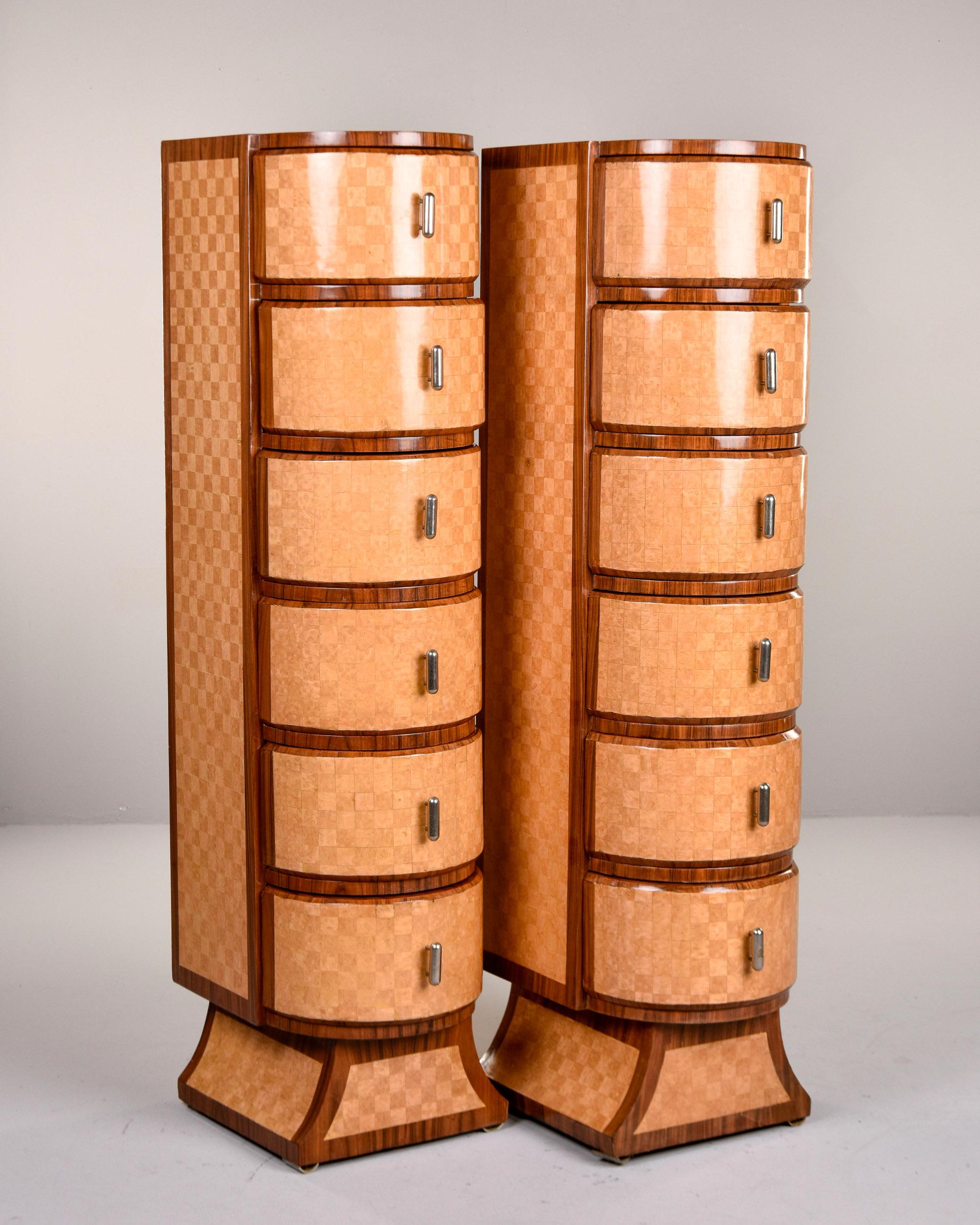 20th Century Pair Tall Satinwood & Mahogany Slender Deco Cabinets with Drawers For Sale