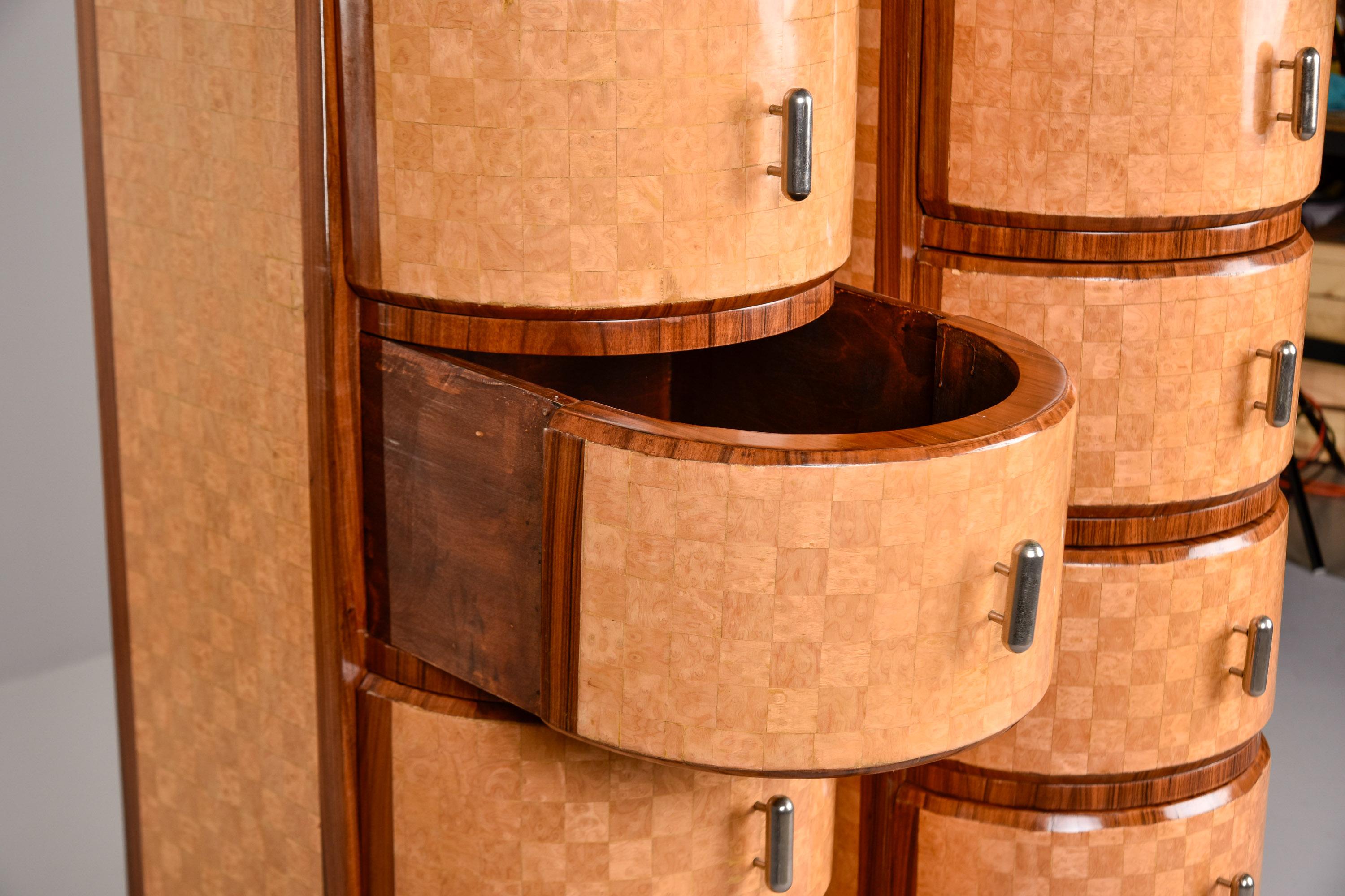 Pair Tall Satinwood & Mahogany Slender Deco Cabinets with Drawers For Sale 3
