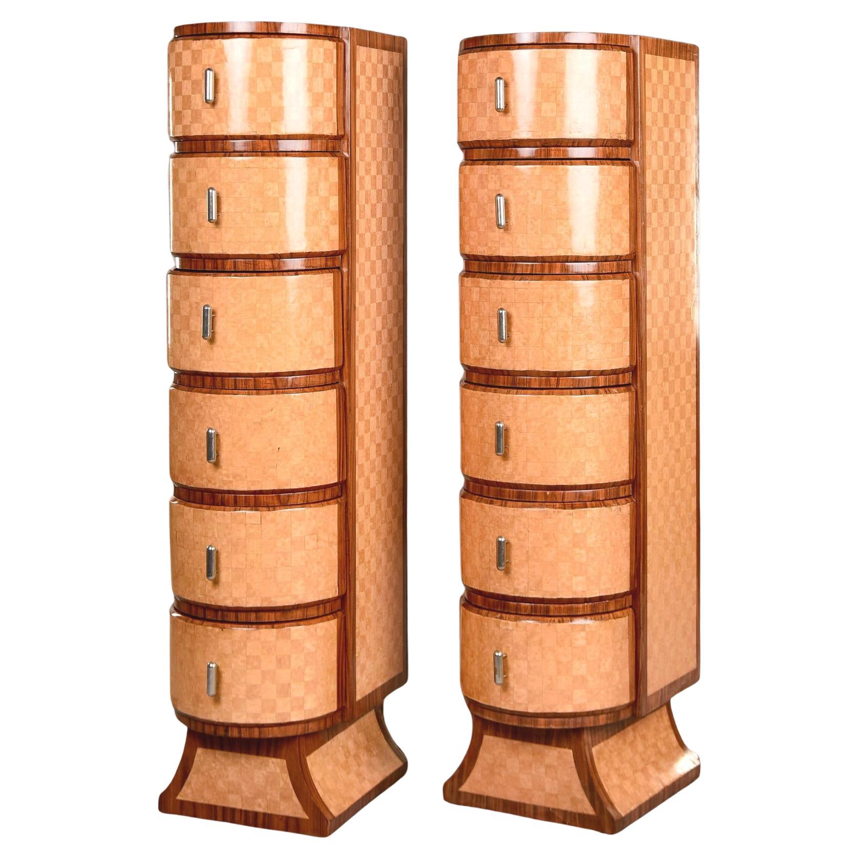 Pair Tall Satinwood & Mahogany Slender Deco Cabinets with Drawers For Sale