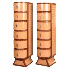 Pair Tall Satinwood & Mahogany Slender Deco Cabinets with Drawers
