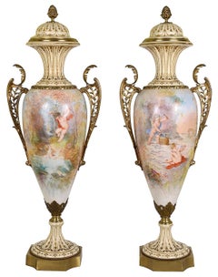 Pair tall Sevres style lidded vases, circa 1890. 102cm high