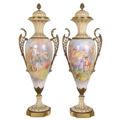 Pair tall Sevres style lidded vases, circa 1890. 102cm high