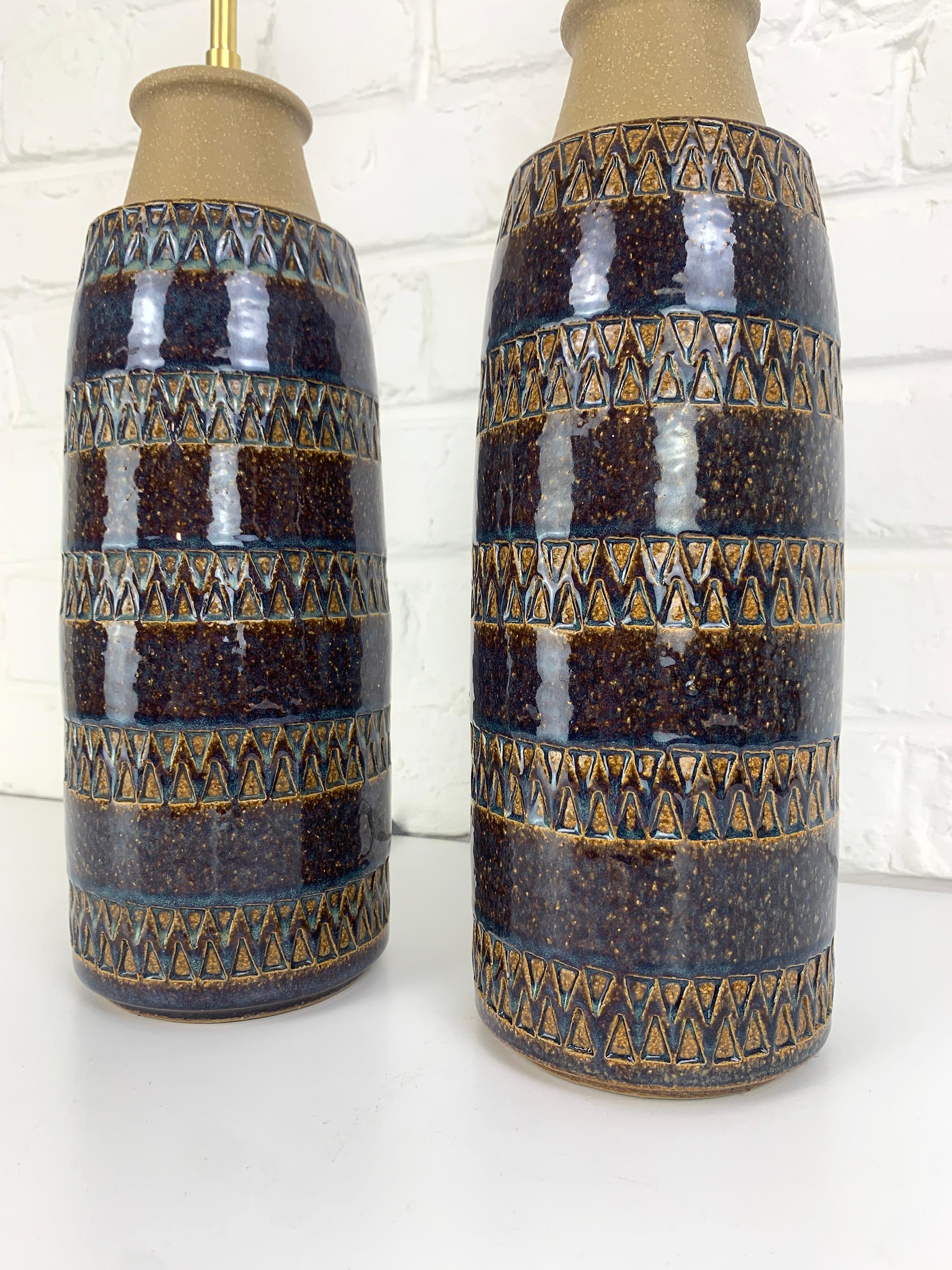 Brass Pair tall Søholm Stentøj Stoneware table lamps Erling Mortensen Denmark 1960 For Sale