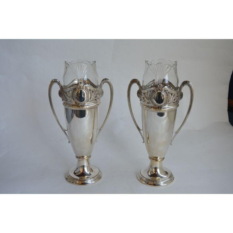 20th Century Pair Tall Silver Urn form Vases with Glass Insert For Sale