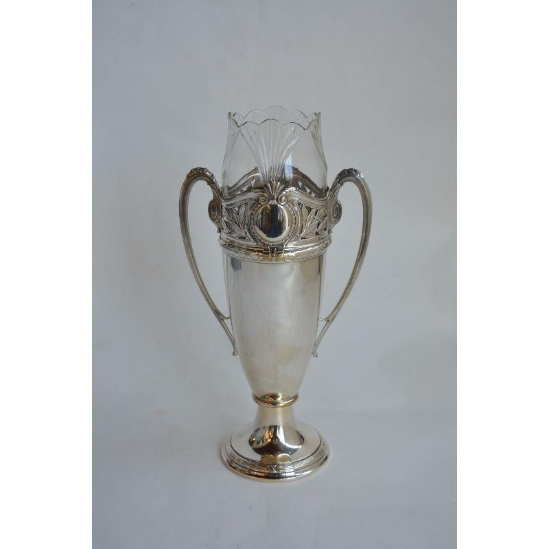 Pair Tall Silver Urn form Vases with Glass Insert For Sale 1