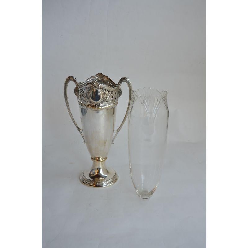 Pair Tall Silver Urn form Vases with Glass Insert For Sale 2