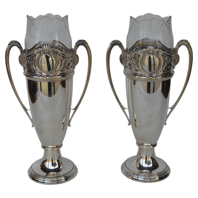 Pair Tall Silver Urn form Vases with Glass Insert For Sale at 1stDibs
