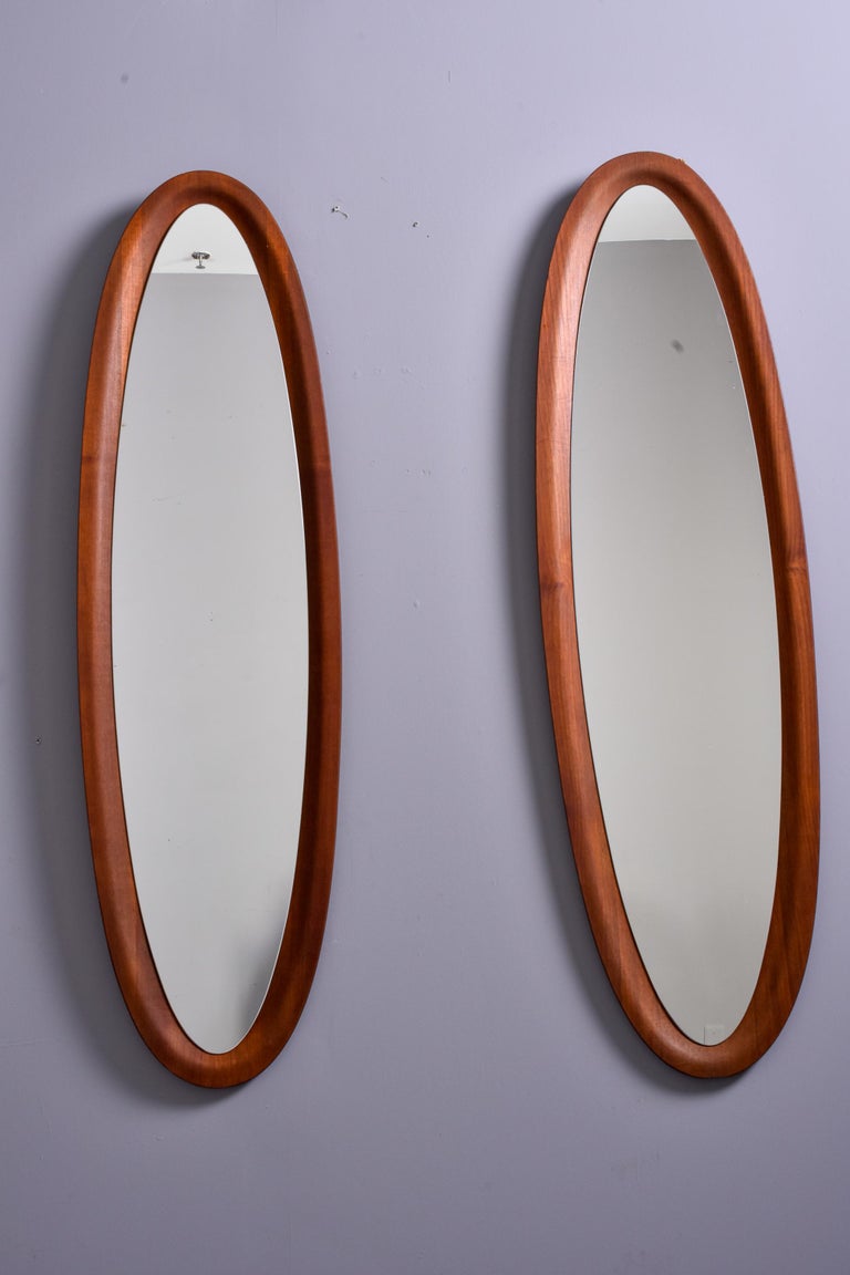 Pair Tall Slender Mid Century Italian Oval Mirrors with Deep Set Frames