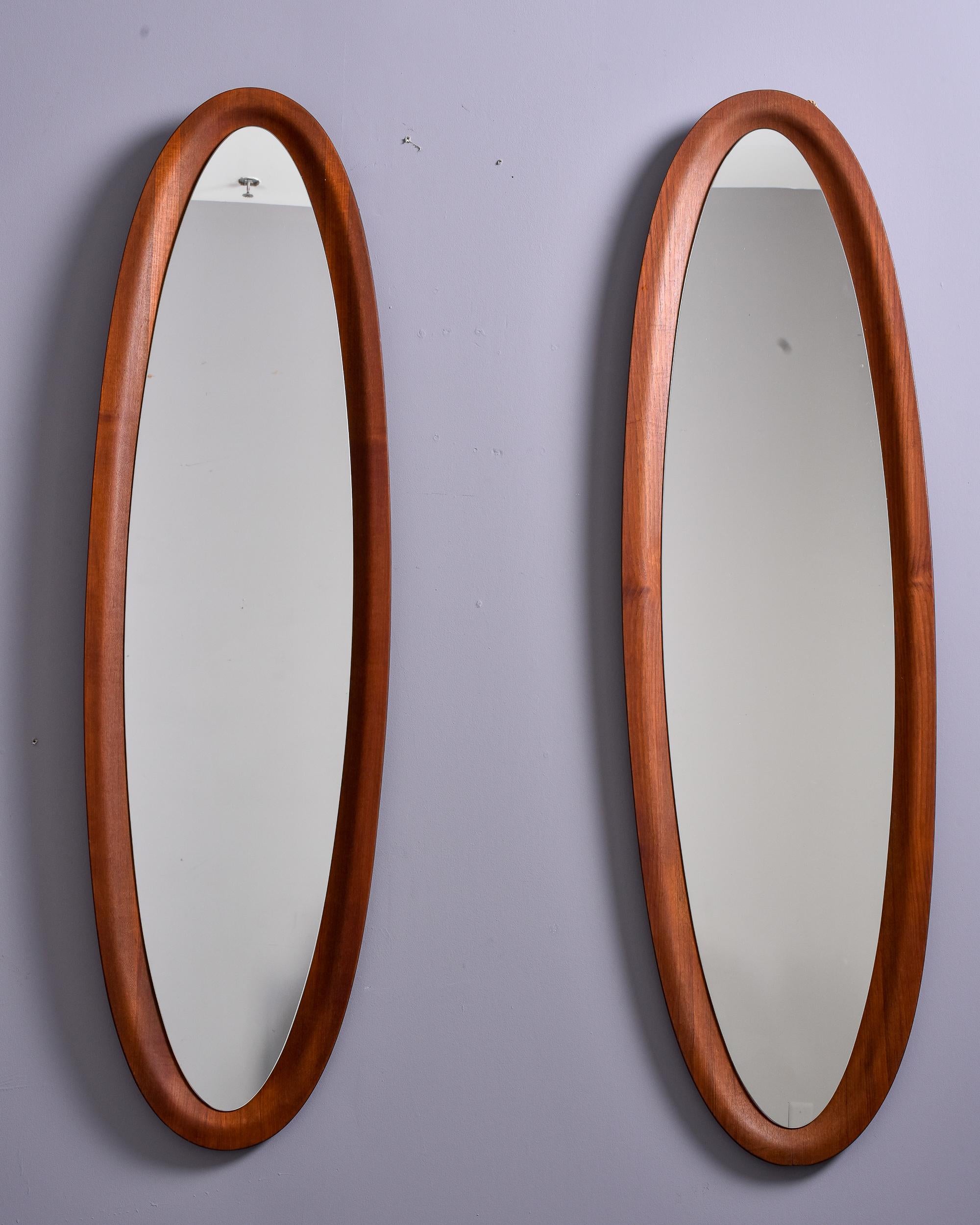 Pair Tall Slender Mid Century Italian Oval Mirrors with Deep Set Frames In Good Condition For Sale In Troy, MI