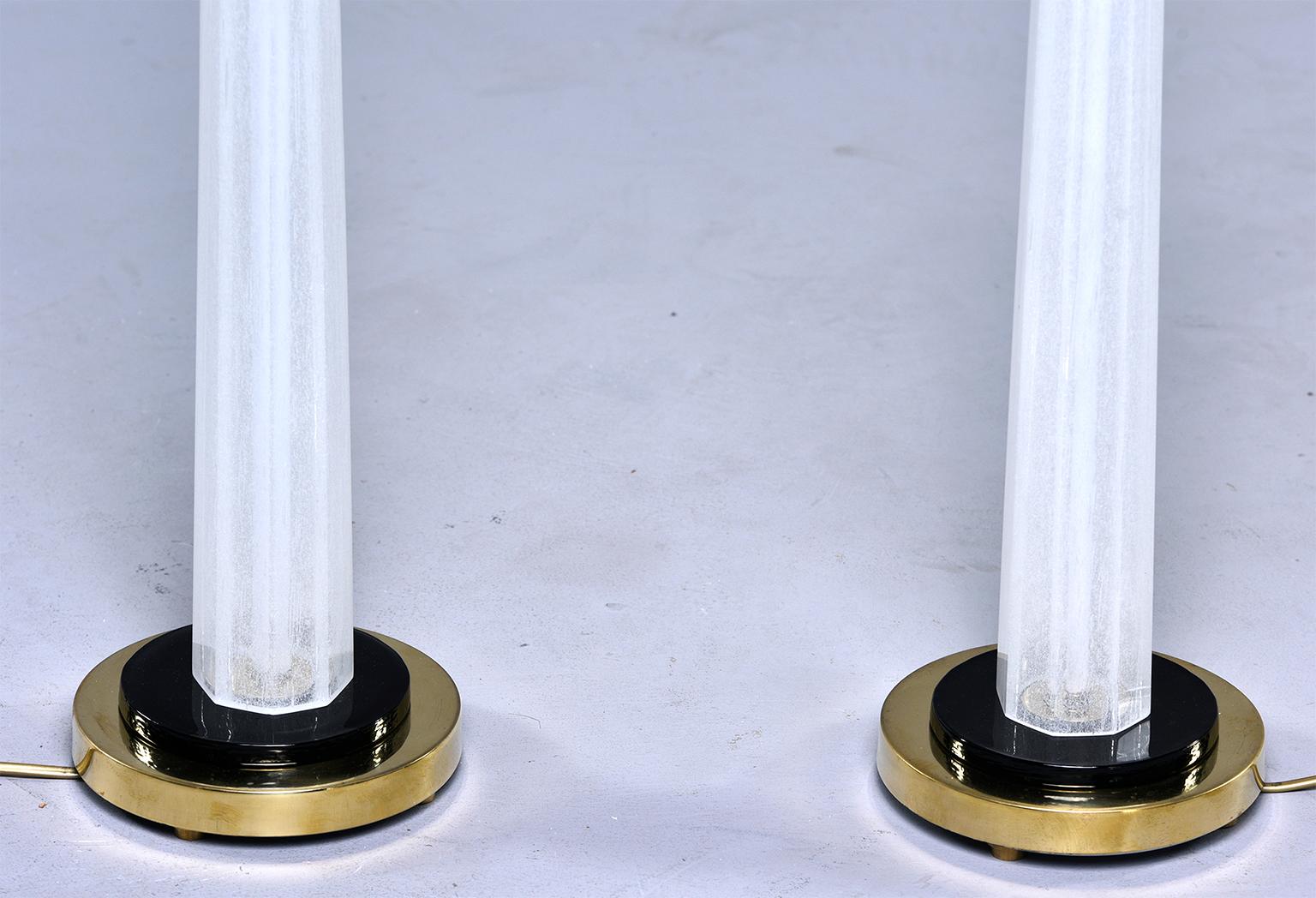 Brass Pair of Tall Slender Seguso White Murano Glass Lamps