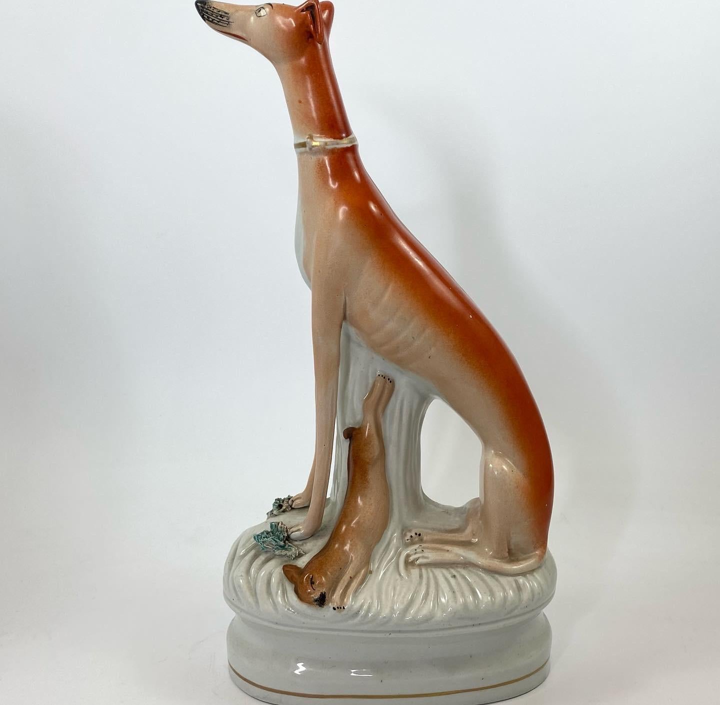English Pair Tall Staffordshire Pottery Greyhounds, c. 1860