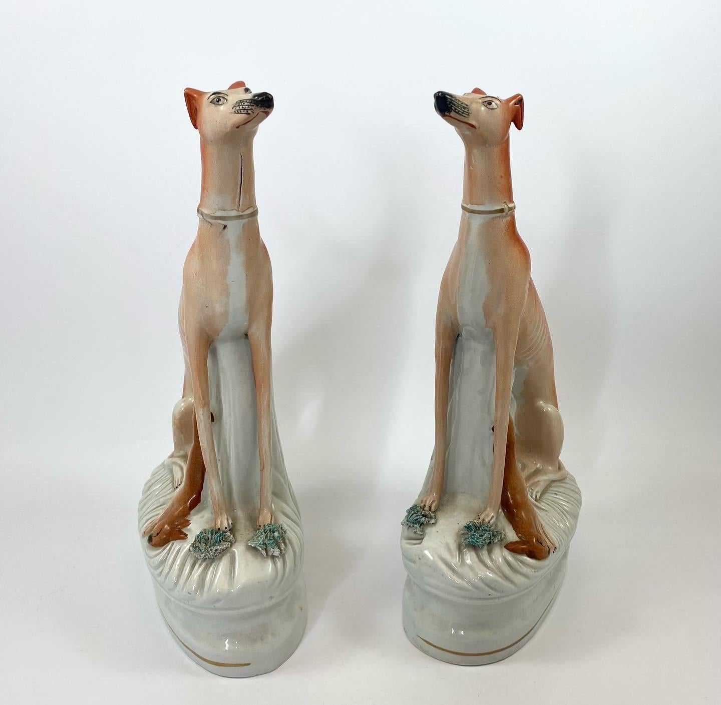 Pair Tall Staffordshire Pottery Greyhounds, c. 1860 In Excellent Condition In Gargrave, North Yorkshire