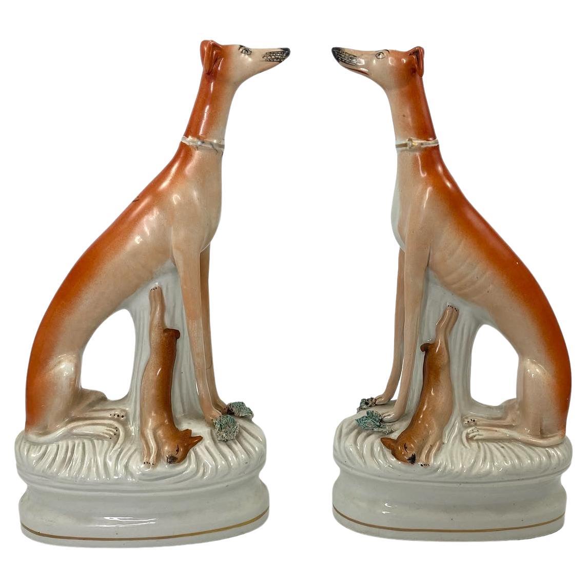 Pair Tall Staffordshire Pottery Greyhounds, c. 1860