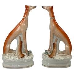 Antique Pair Tall Staffordshire Pottery Greyhounds, c. 1860