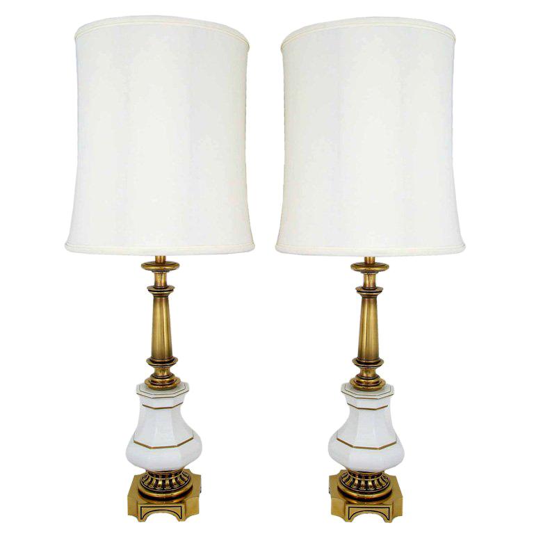 Pair Tall Stiffel Brass And White, Stiffel Table Lamps Brass
