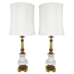 Used Pair Tall Stiffel Brass & White Porcelain Lamps