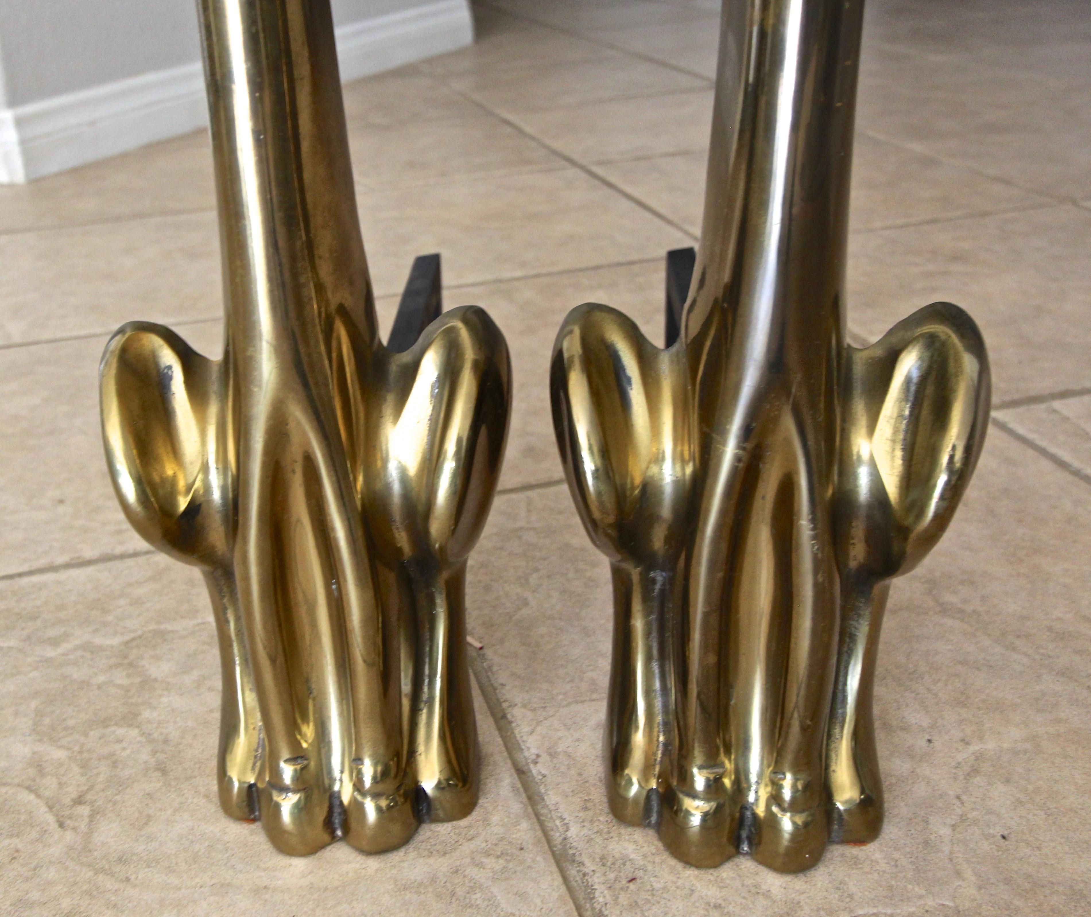 Pair of Tall Stylized Siamese Cat Midcentury Brass Andirons 7