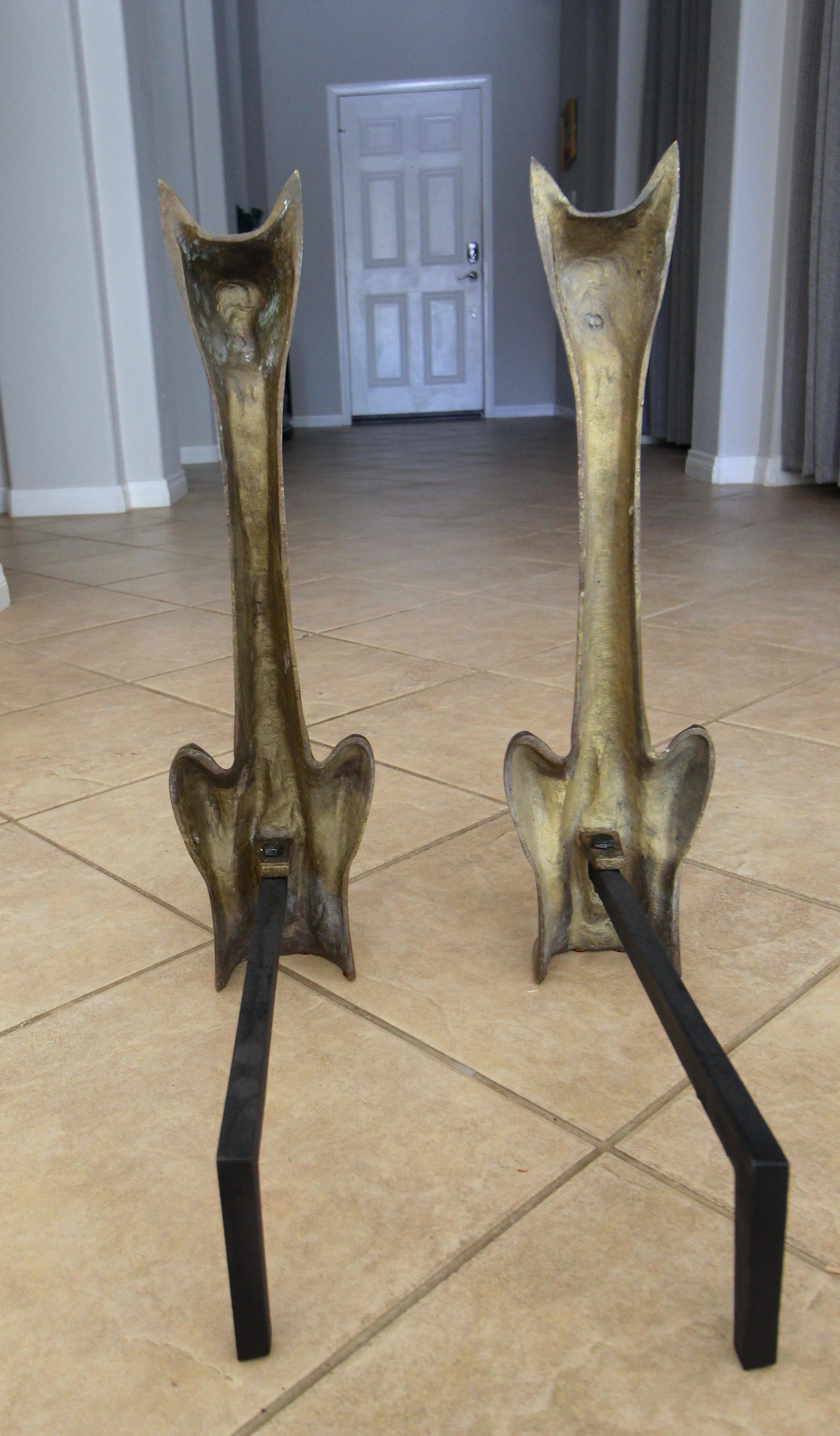 Pair of Tall Stylized Siamese Cat Midcentury Brass Andirons 10