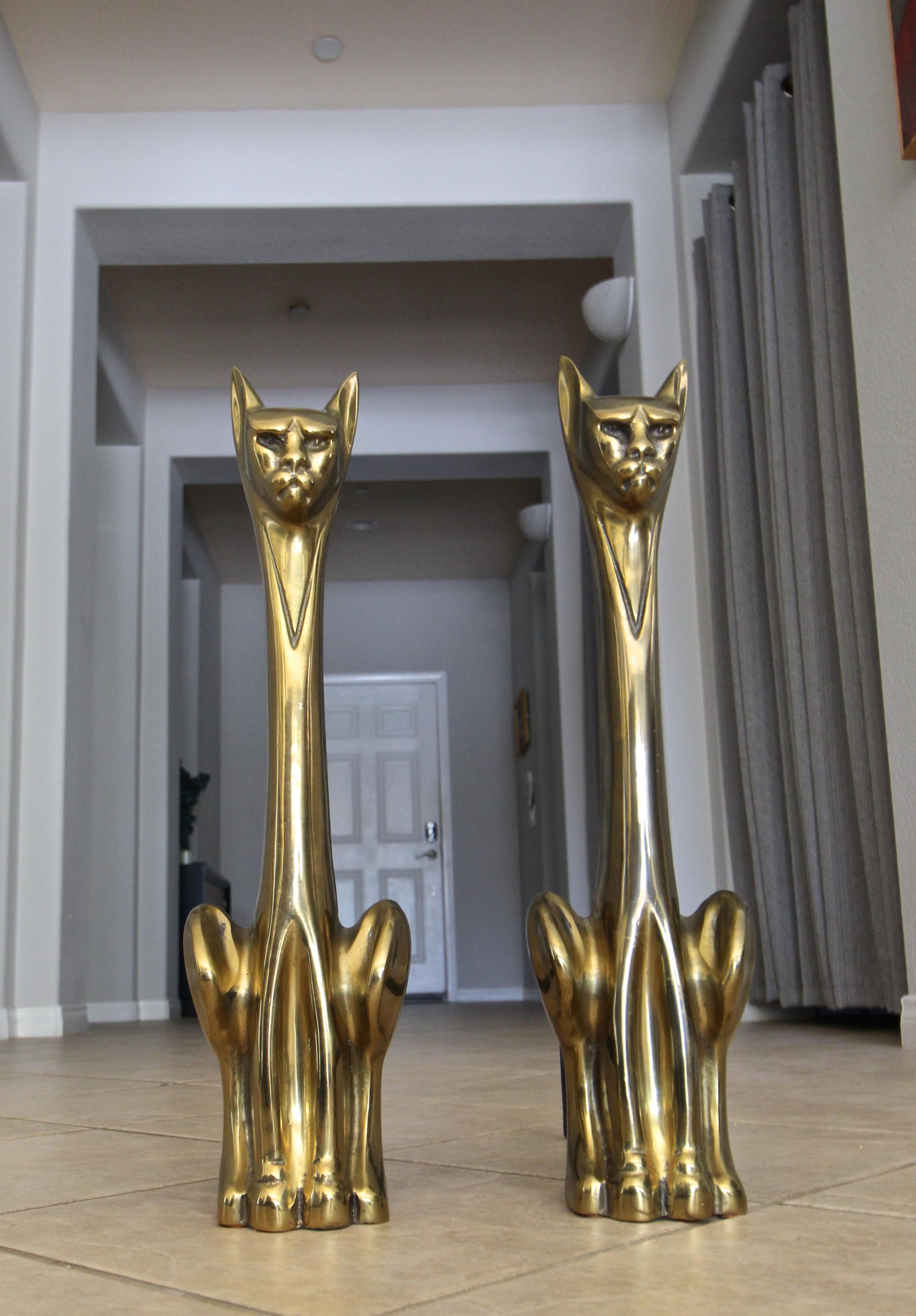 American Pair of Tall Stylized Siamese Cat Midcentury Brass Andirons