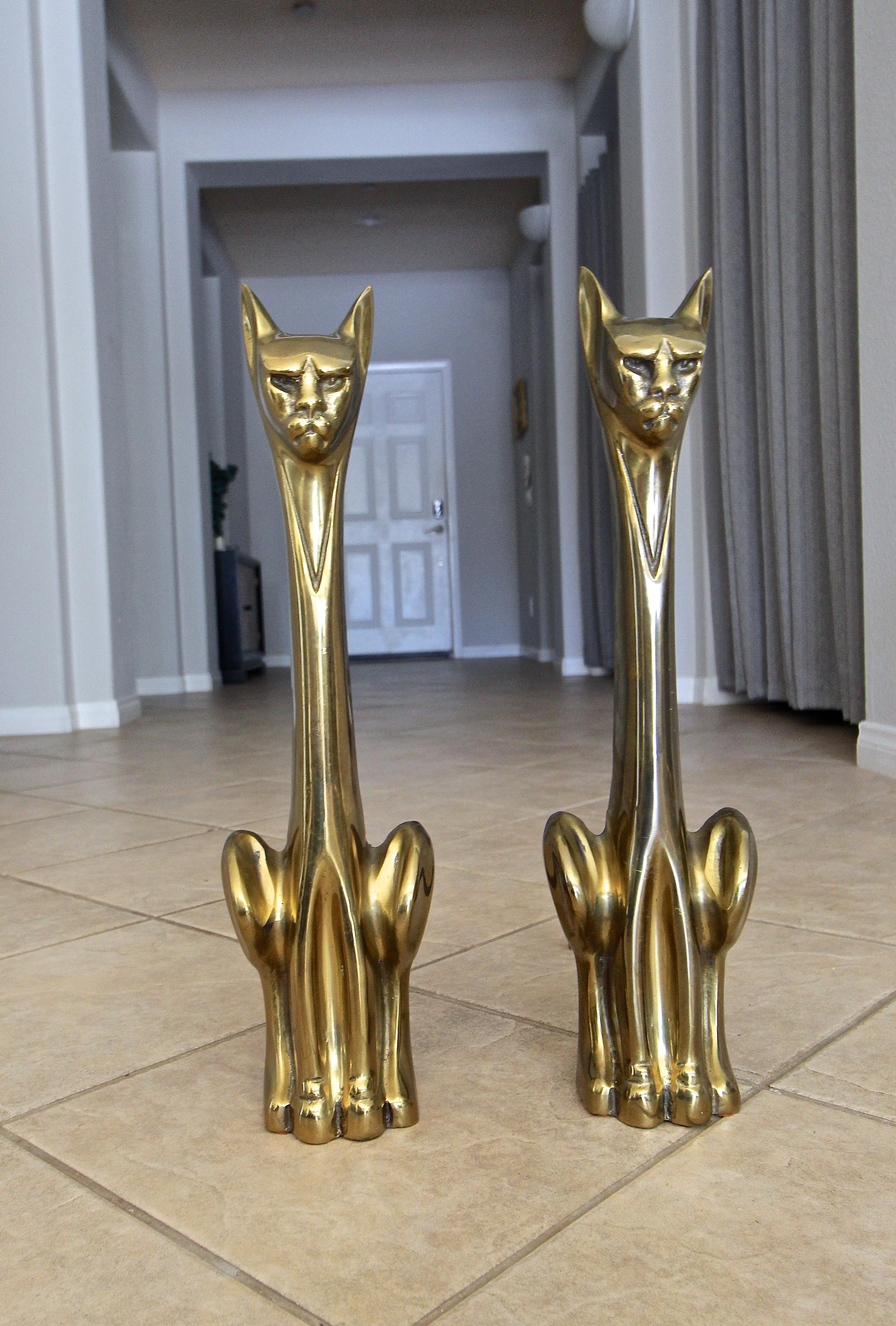 Pair of Tall Stylized Siamese Cat Midcentury Brass Andirons In Good Condition In Palm Springs, CA