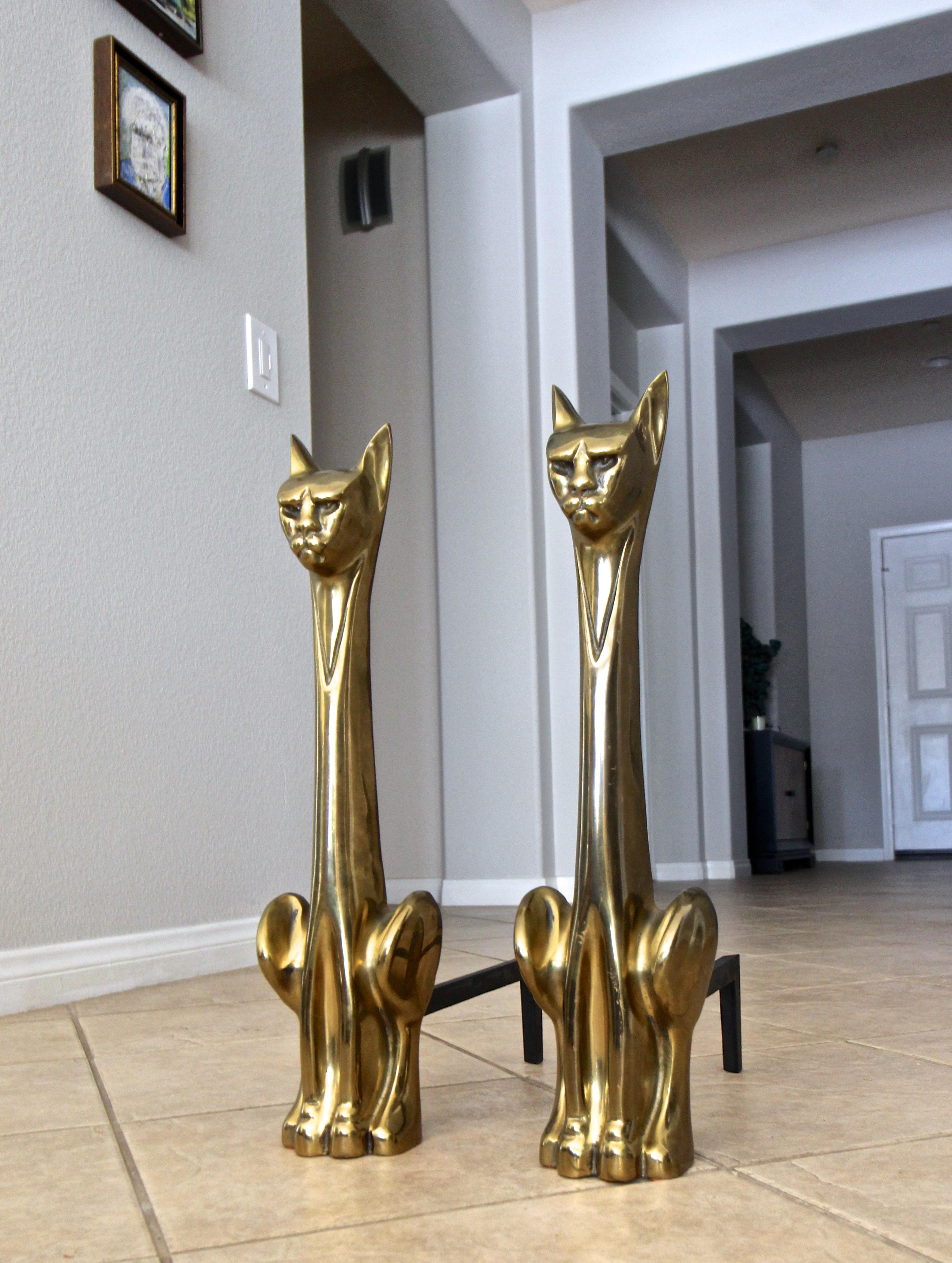 Metal Pair of Tall Stylized Siamese Cat Midcentury Brass Andirons