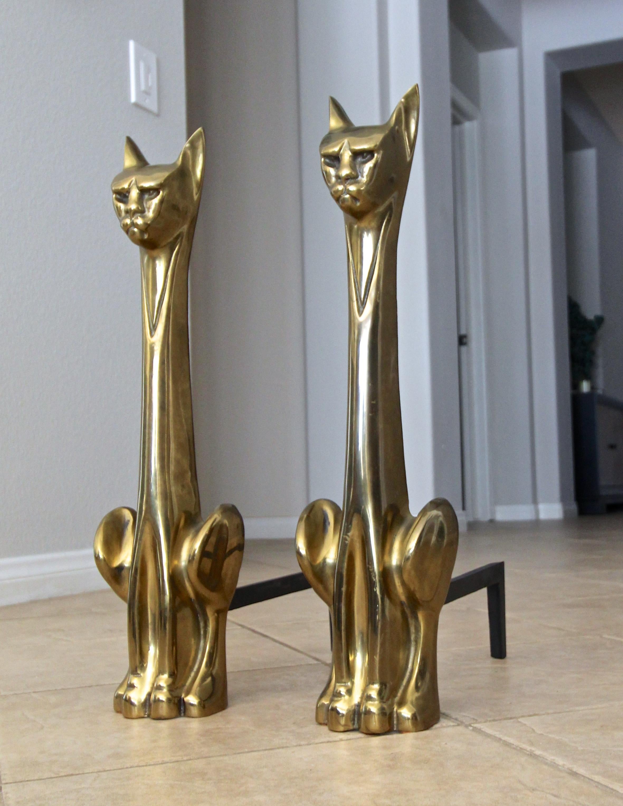 Pair of Tall Stylized Siamese Cat Midcentury Brass Andirons 1